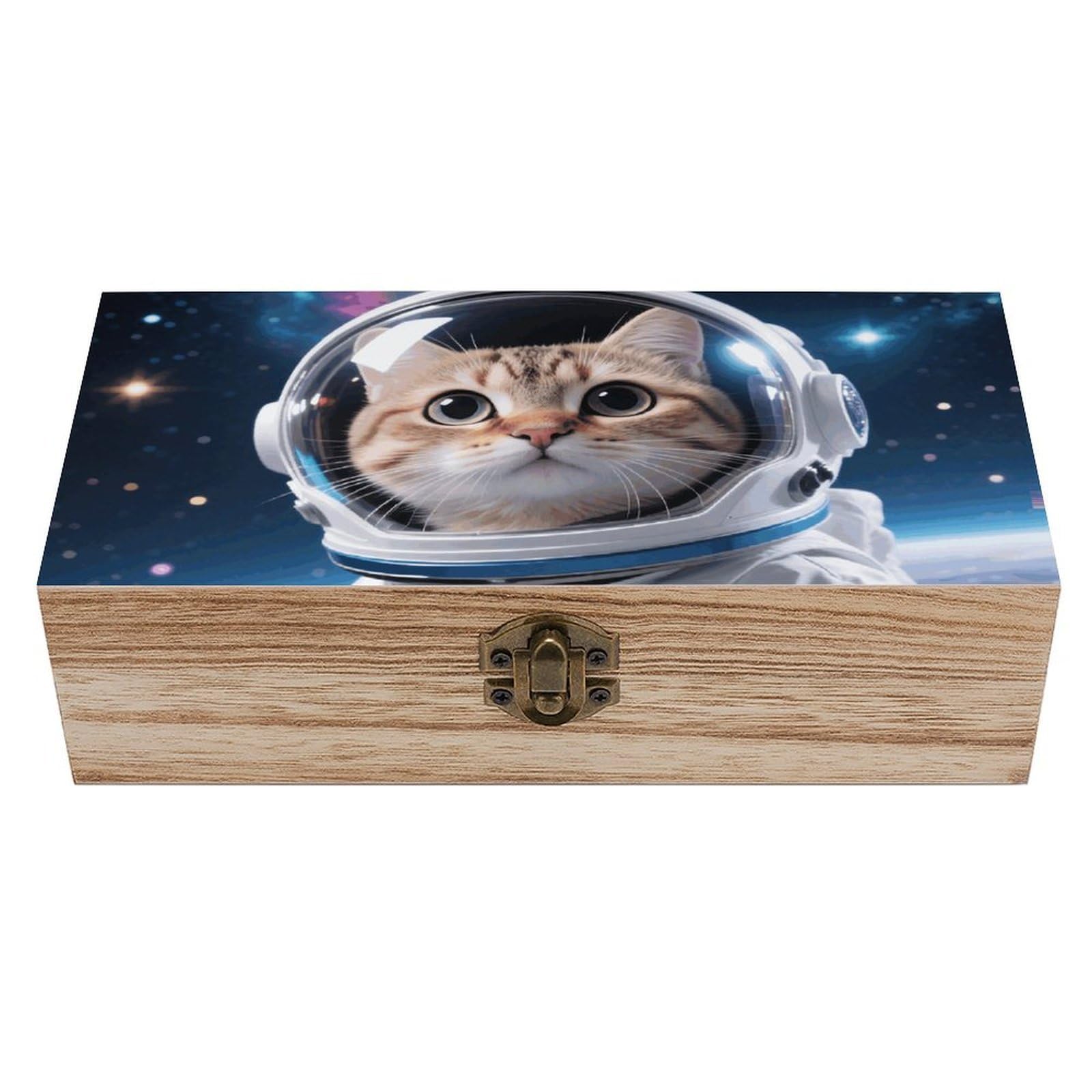 FodPand Decorative Keepsake Box Wooden Storage Boxes with Hinged Lid Handmade Cat Astronaut Wood Organizer Memory Treasure Box for Jewelry Craft Card Photo Storage Wedding Bridal Shower Gifts