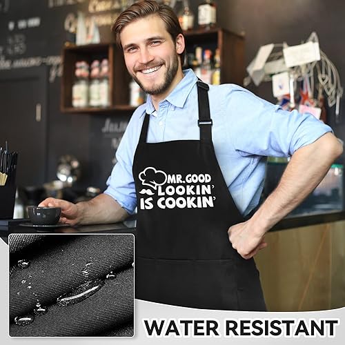 Miniatura 5 de Delantales divertidos para hombres, Mr. Good Lookin' is Cookin' - Delantal de chef con 3 bolsillos, correa ajustable para el cuello y lazos largos