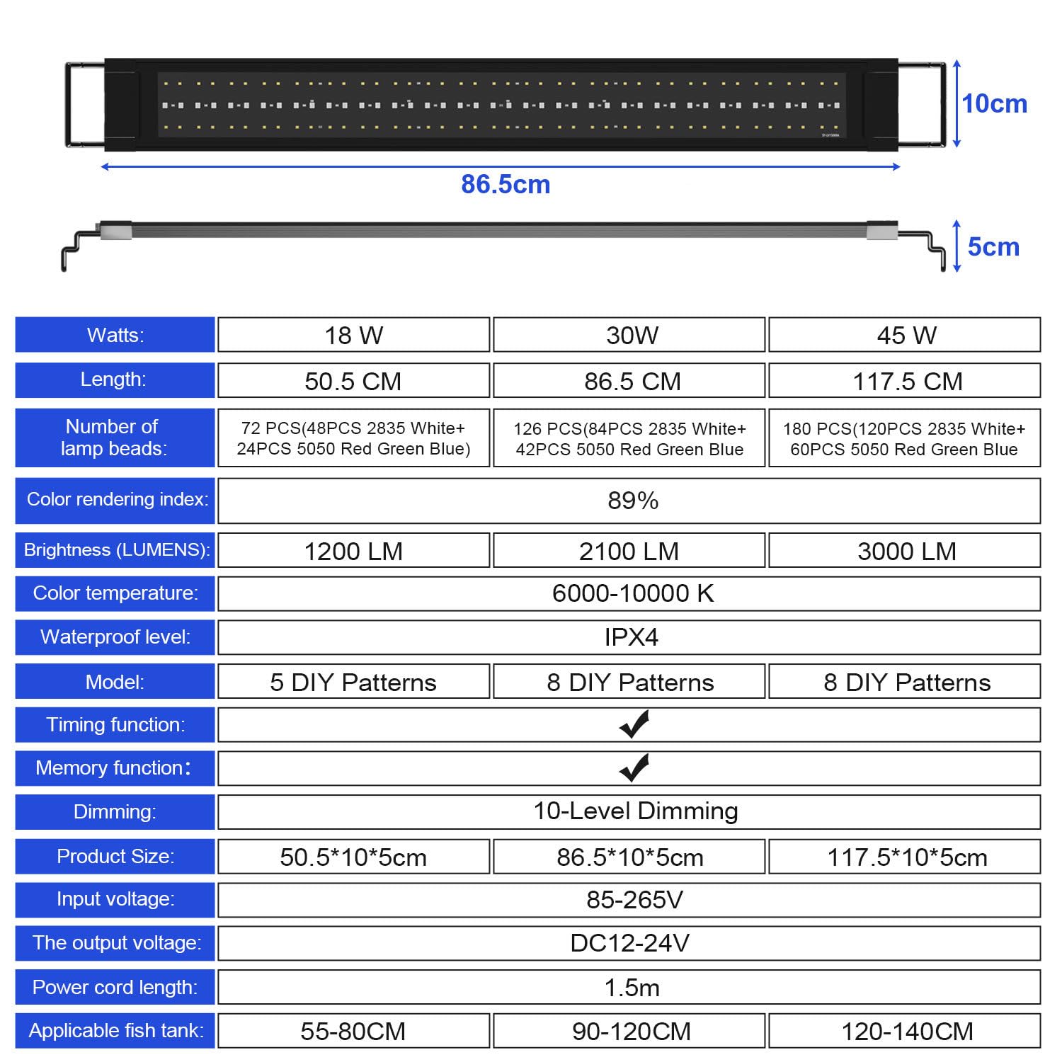 Aquarium LED Beleuchtung, 24/7 Vollspektrum Aquarium Licht, 10 Helligkeitsstufen Dimmbar, 30W Aquariums Pflanzenlicht mit ausziehbarer Halterung, für 90-120cm Fischtank