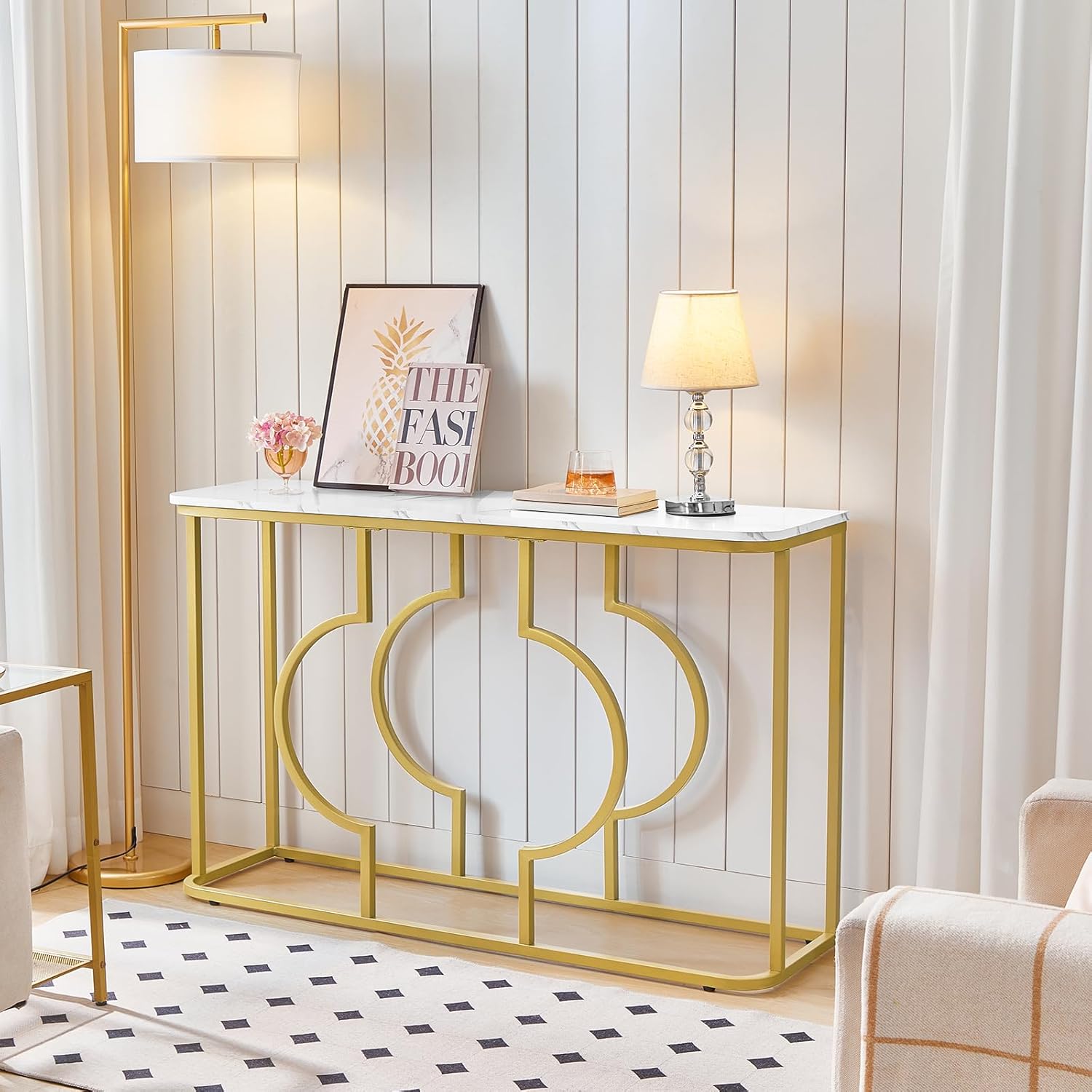 Gold Console Table, 47.2" L x 13.8" W x 29.9" H, Modern Entryway Table, Narrow Long Sofa Table with Geometric Metal Frame, for Living Room, Marble White and Gold CTJM13001