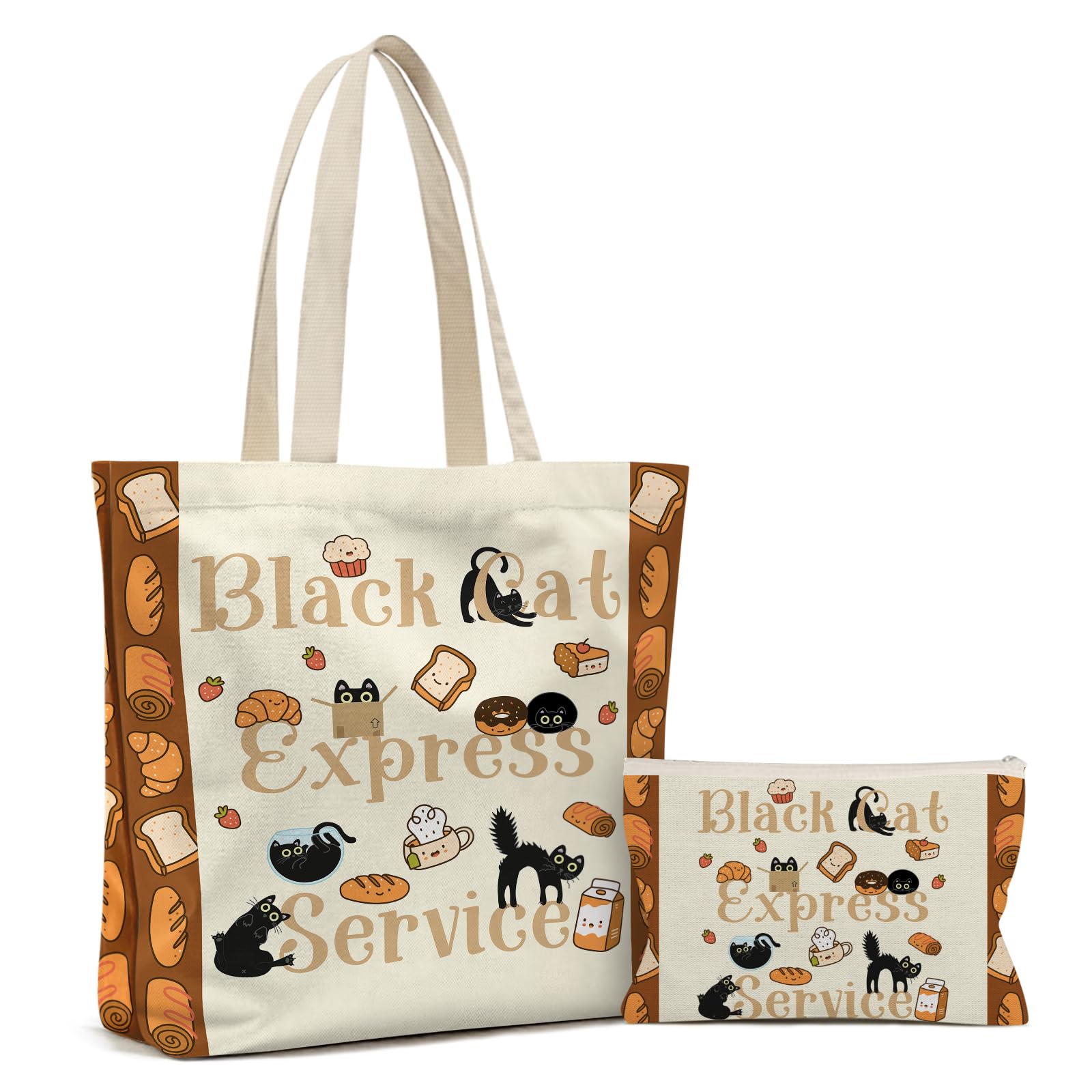 Wazzio Aesthetic 2 Pcs Canvas Tote Bag with Makeup Bag for Christmas, Reusable Grocery Bags Gift for Shopping Gym Travel Work