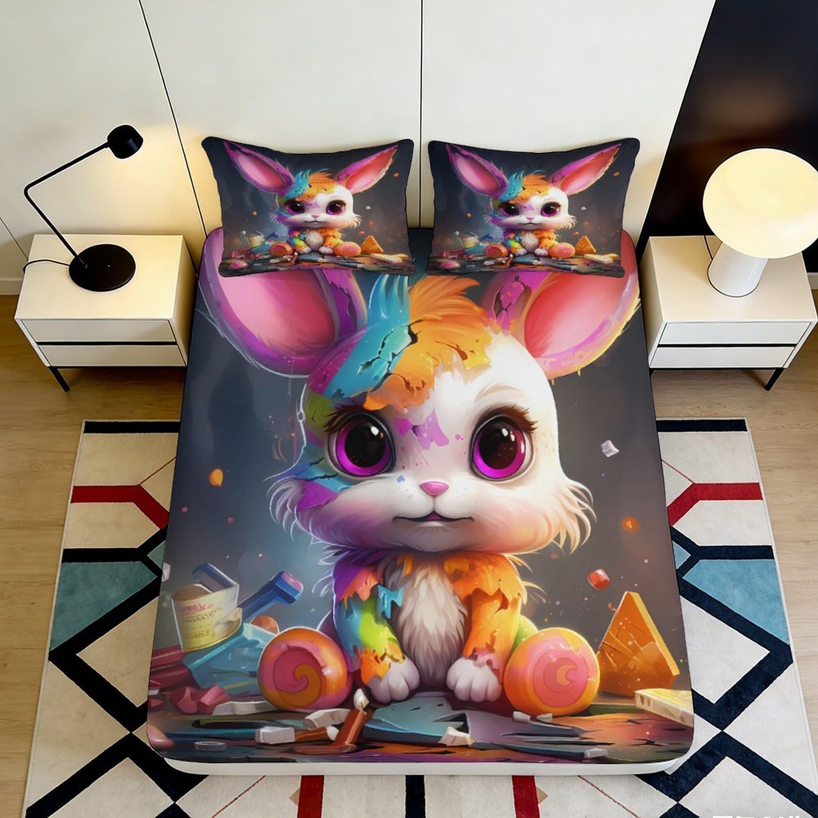 3D Printed Colourful Bunny Fitted Sheet Microfiber Soft Bedroom Decor Cartoon Rabbit Mattress Cover for All Ages 90x200x25cm