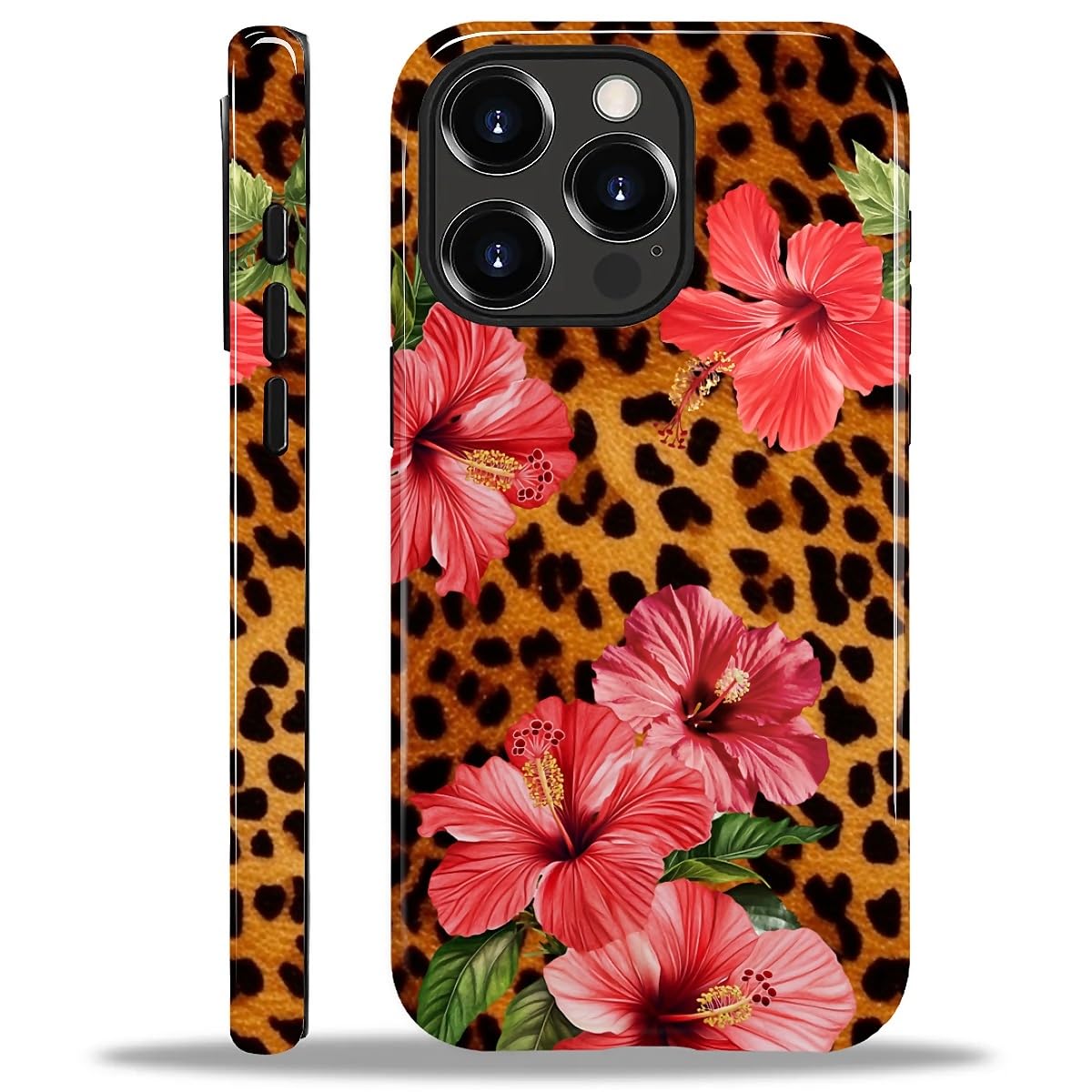 MQJCYB Case for iPhone 15 Pro, Hybrid Heavy Duty 2 in 1 Full Body Rugged Shockproof Protection Glossy Case for iPhone 15 Pro - Leopard Tropical Beachy