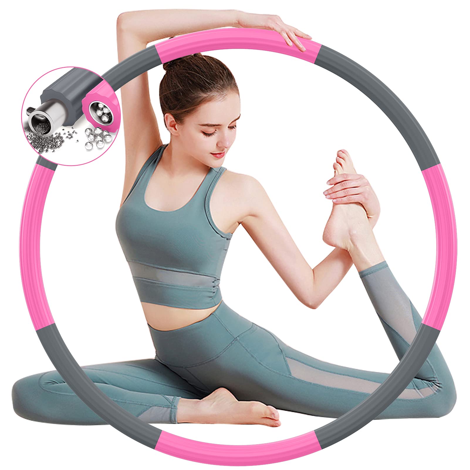 Hula Hoop Reifen, Hula Hoop Reifen Erwachsene für Fitness, 1,8 kg-3,5 kg Gewichtsverstellbarer, Rein Hoop für Erwachsene & Kinder zur Gewichtsabnahme und Massage (Grau Rosa)