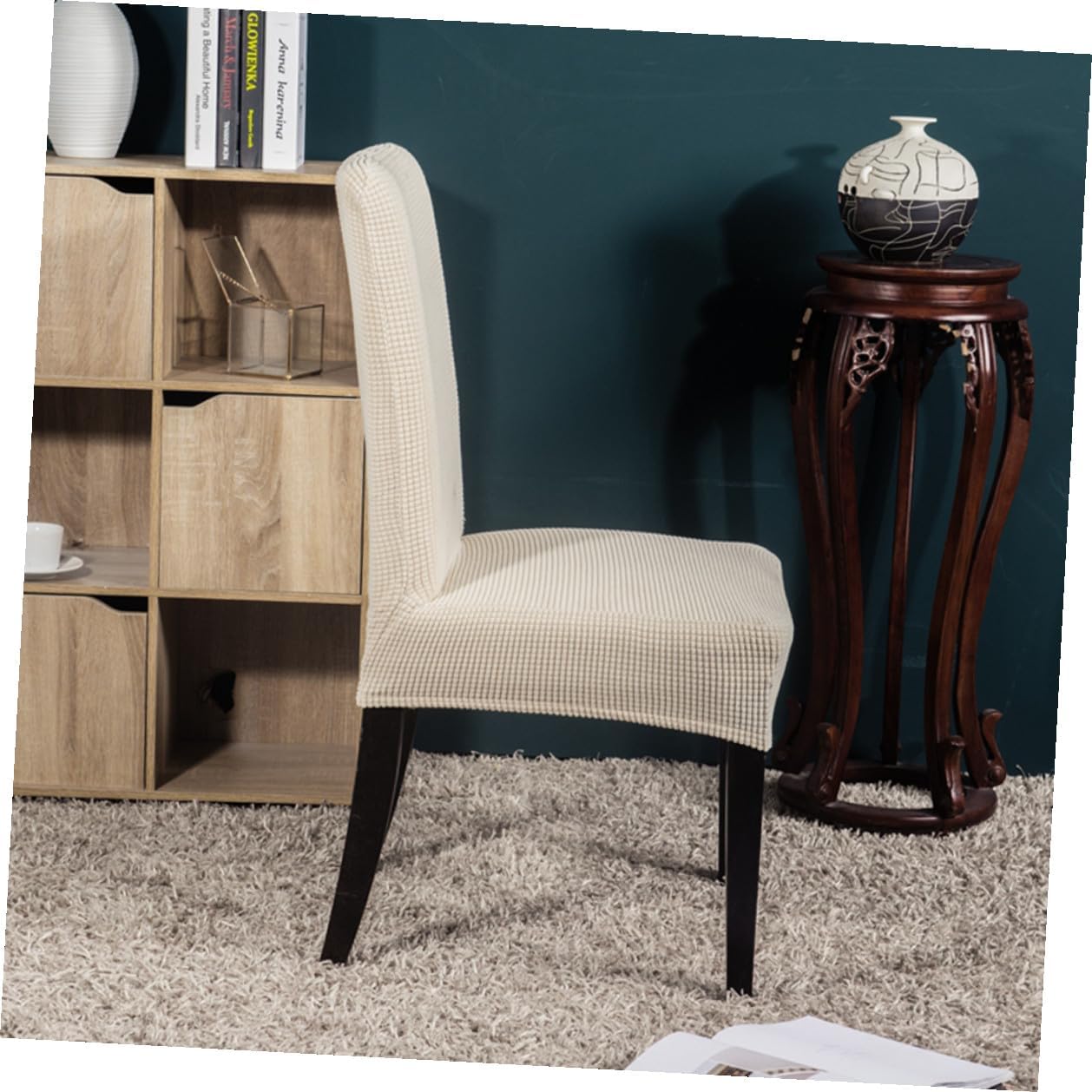 6pcs Beige Polyester Stretchy Dining Chair Covers Elastic Full Seat Protector Removable Slipcovers for Home Office Banquet Wedding Party