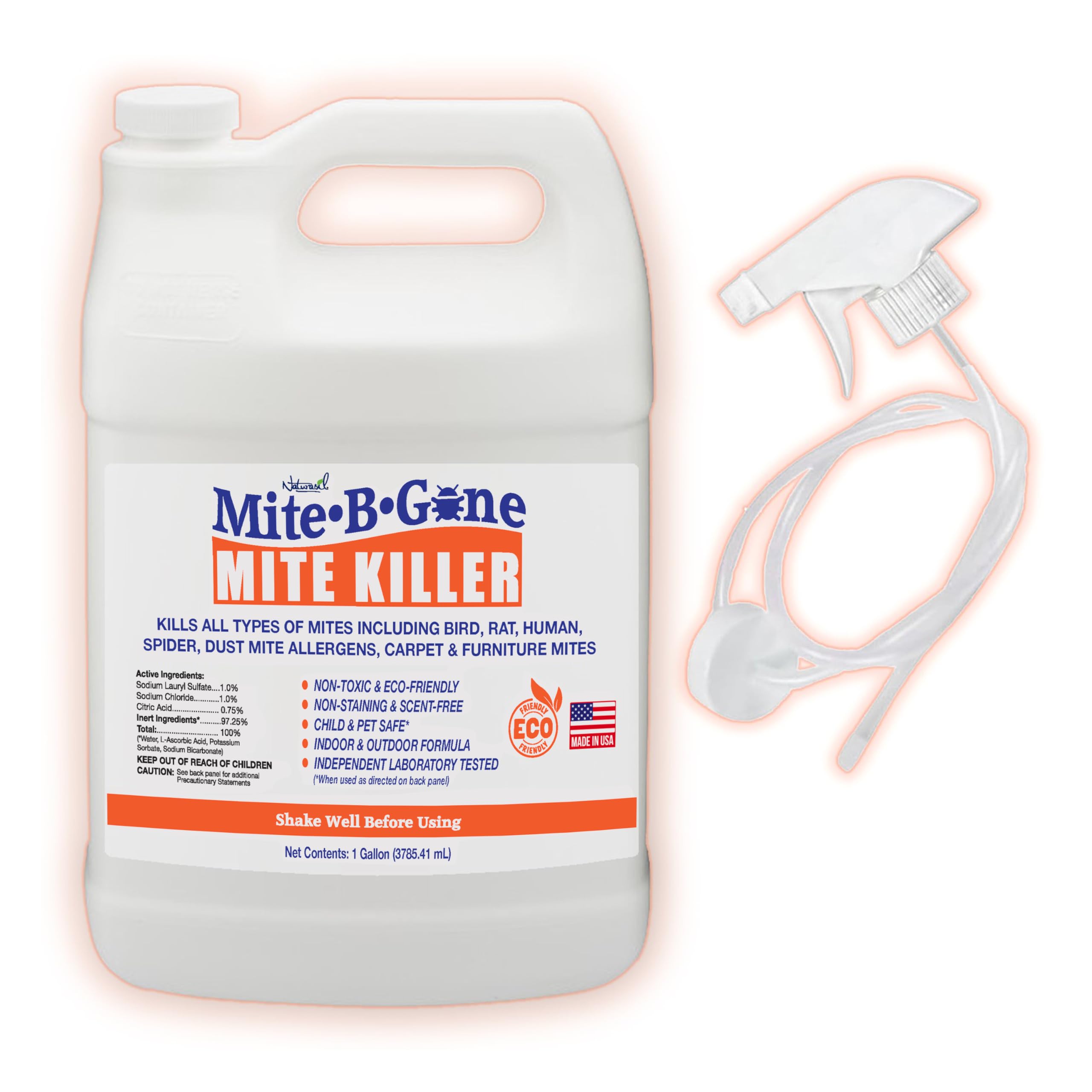 Mite Killer Treatment Spray for Home by Mite-B-Gone - Kills All Types of Mites, Dust, Spider, Rat, Carpet & Bird Mites | Safe for Homes, Furniture & Animals | Non-Toxic | Kid & Pet Friendly | 1 Gal