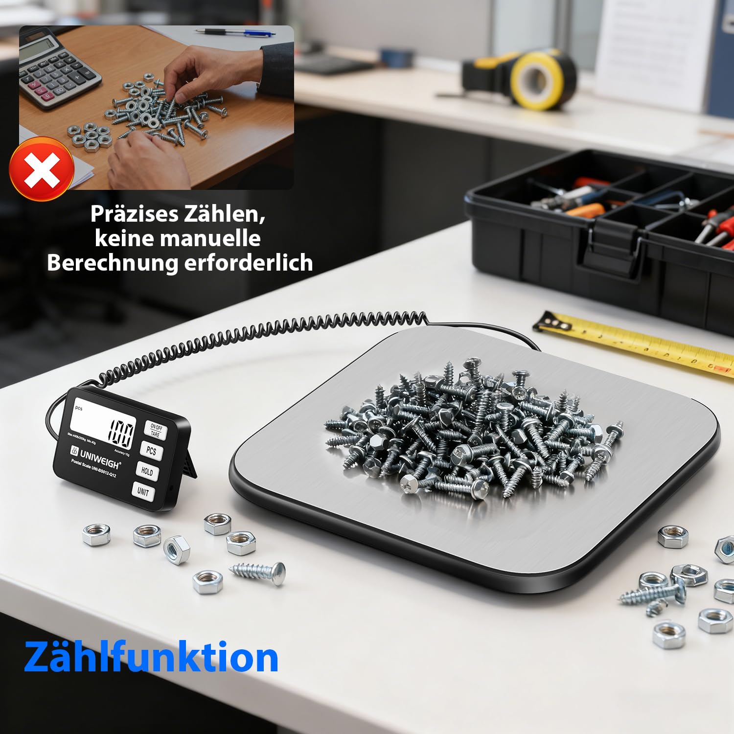 UNIWEIGH Paketwaage 440 lb/0,35 oz Genauigkeit, digitale Briefwaage für Pakete mit PCS/Halte/Tara Funktion, Plattformwaage für kleine Unternehmen, Gepäck, Heimgebrauch, Batterie und USB-A