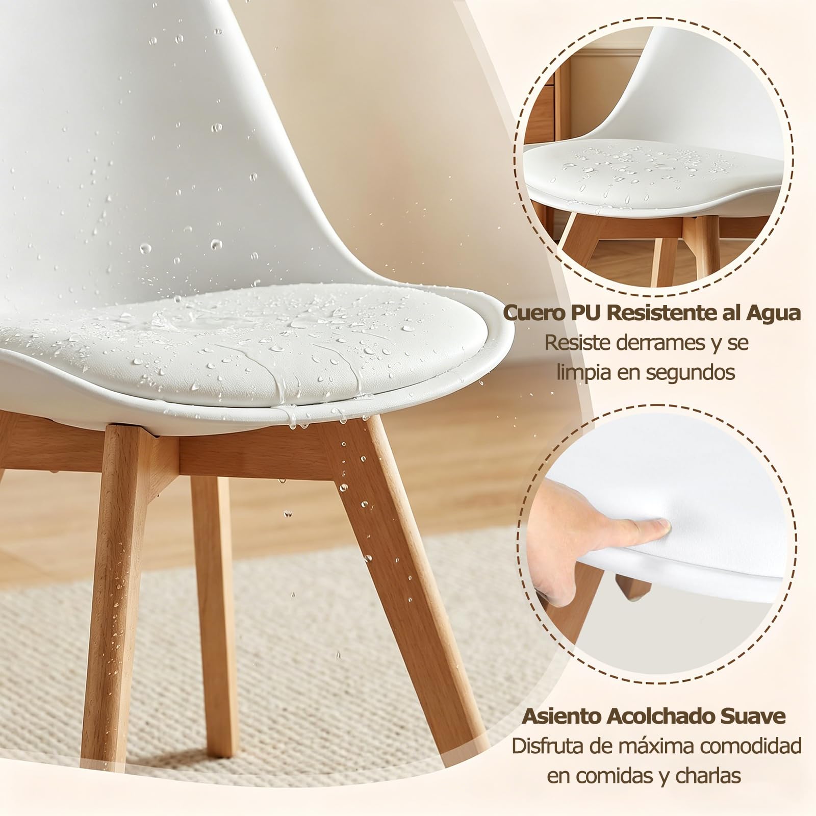 Sillas de Comedor, Pack 4 Sillas Comedor Nórdico, Sillas Cocina con Asiento Tapizado y Las Piernas de Madera de Haya Maciza, Blanco