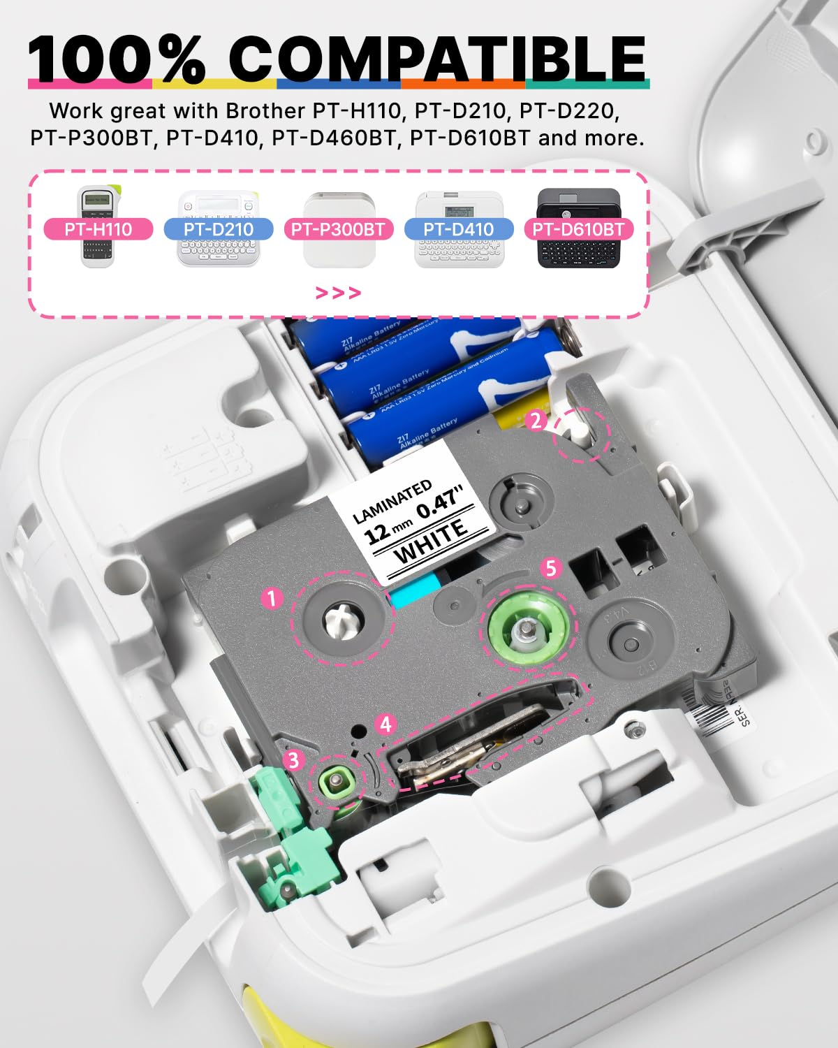 Repuesto para Brother P Touch Label Maker Tape TZe TZ Tape de 12 mm 0.47 repuestos laminados de colores para PT-D210 D220 H110 D400 D410, blanco/azul/amarillo/verde/naranja/rosa baya, paquete de 6