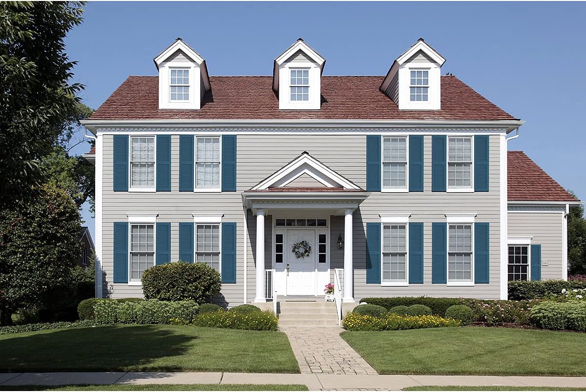 Ekena Millwork 12"W x 32"H True Fit PVC Two Equal Louver Shutters, Sojourn Blue (Per Pair - Hardware Not Included)