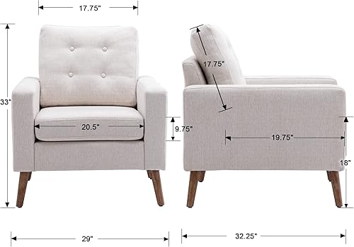 Miniatura 2 de HNY Sillón moderno de mediados de siglo, silla decorativa de lino con botones y brazo, silla tapizada para sala de estar, dormitorio, patas de