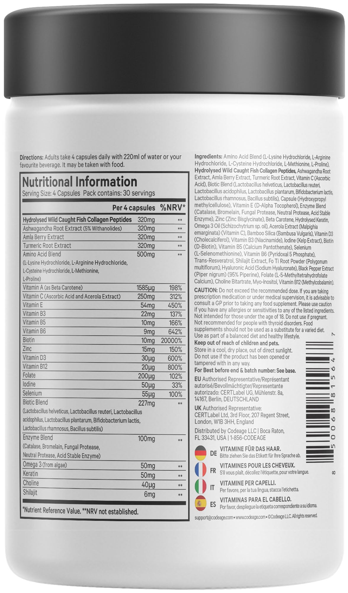 Codeage Haarvitamine 10000 Mcg Biotin, Keratin, Kollagen, Vitamin A, B12, C, D3, E, Zink, Kurkuma, Probiotika Enzyme Unterstützung Der Haarpflege Nahrungsergänzungsmittel Für Gesundes Haar 120 Kapseln