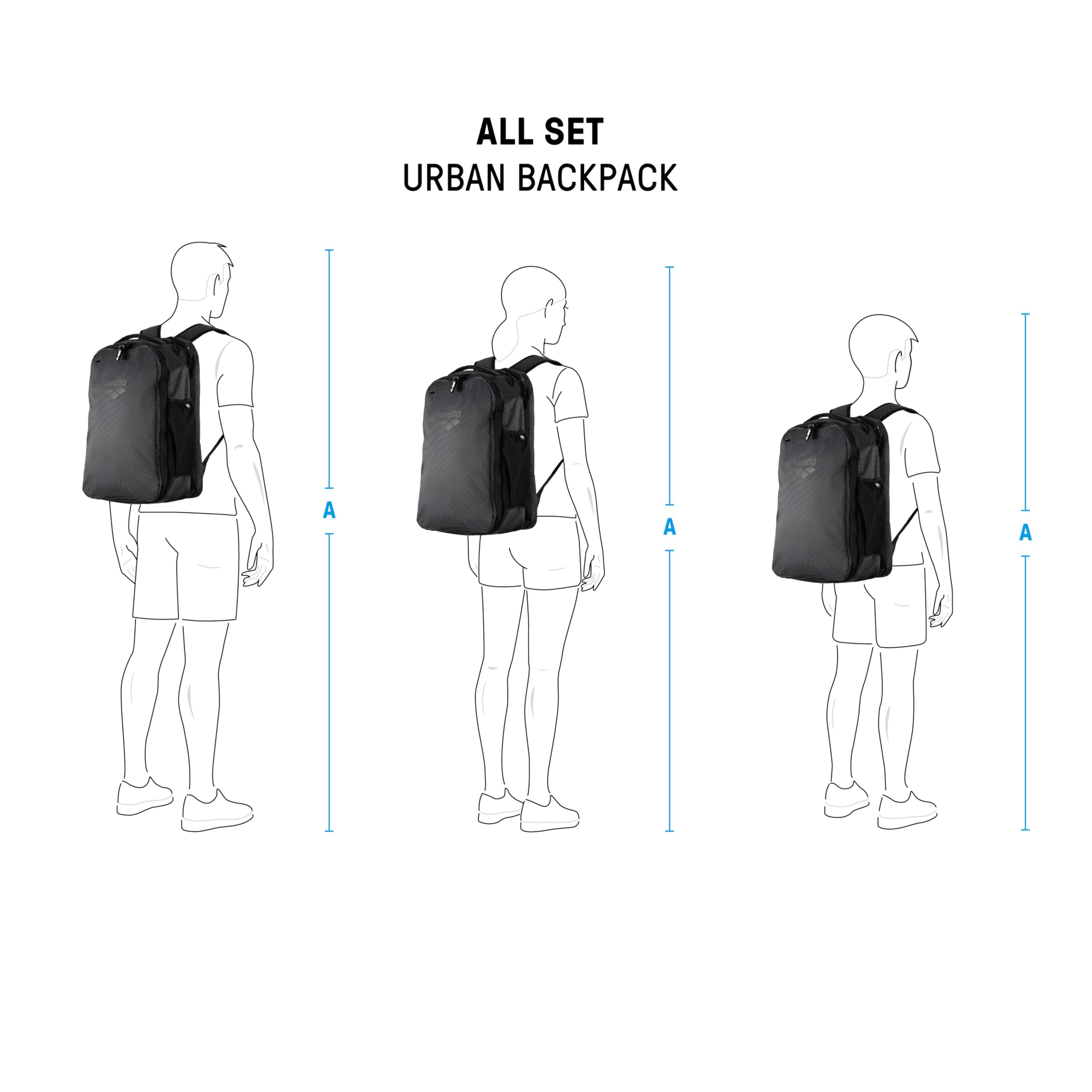 Arena All Set Urban Rucksack, Arbeit, Freizeit, Fitnessstudio, Multisport, Tagesrucksack, mittlere Größe, Trainingsausrüstung, Tasche für Teenager, Herren, Damen, 30 Liter, Schwarz