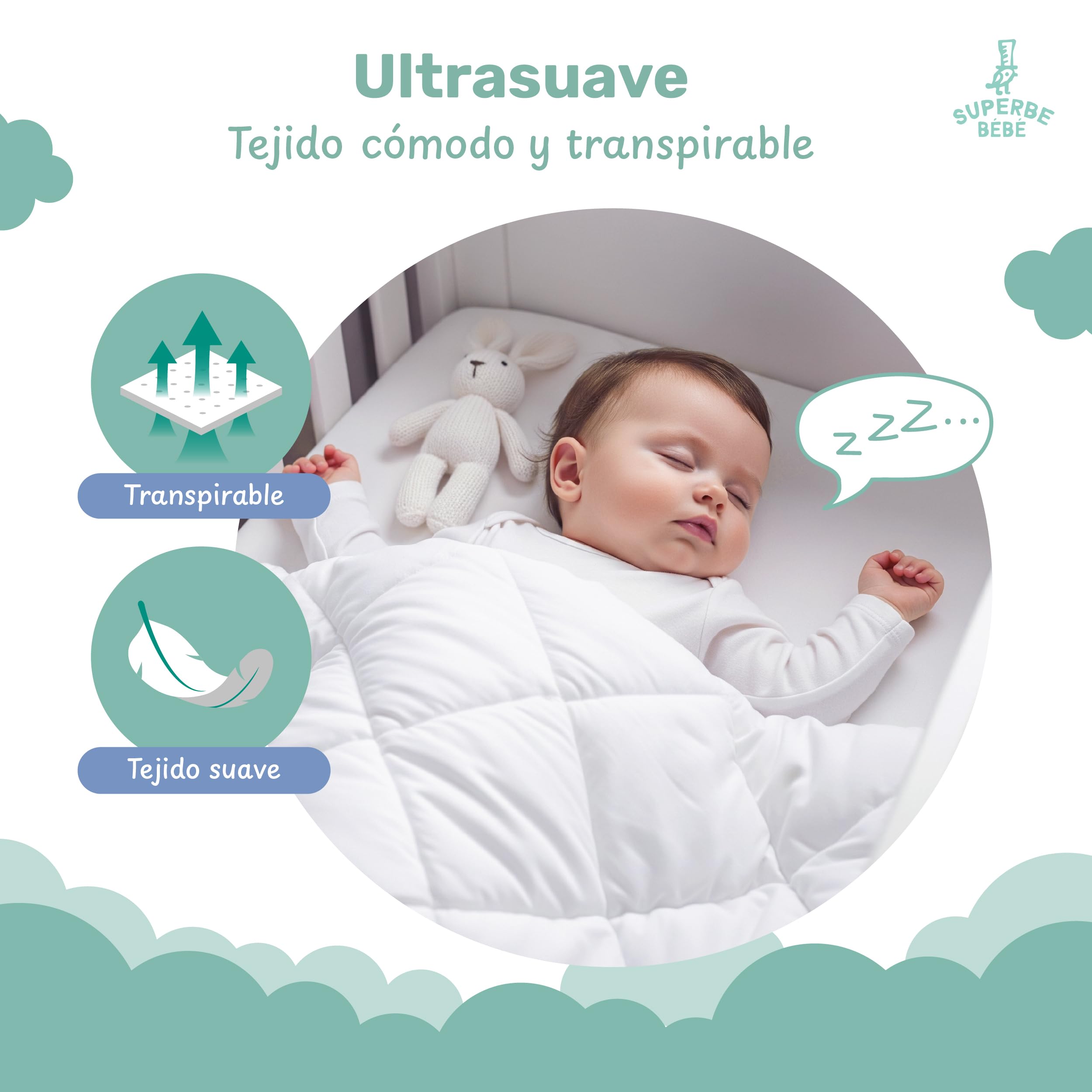 SUPERBE BEBE Edredón para Bebés y Niños 75x120cm - Confort Acogedor y Lavable - Ideal para Cama de Tamaño 60x120cm - Manta Cálida y Cómoda, Versátil para la Siesta - Mantita para Niñas y Niños