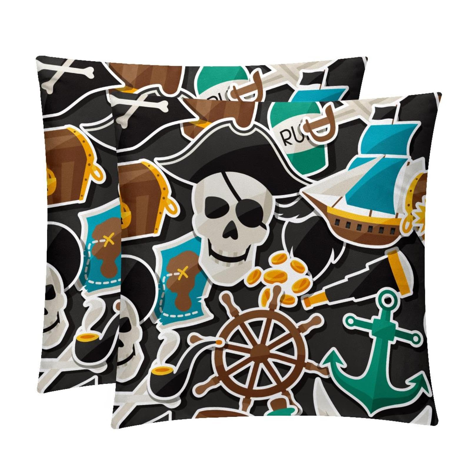TDGKPZ Pirate Skull Throw Pillow Cases 2 Pack Pillowcases Zipper Cushion Covers For Bedroom Living Room 50x50cm