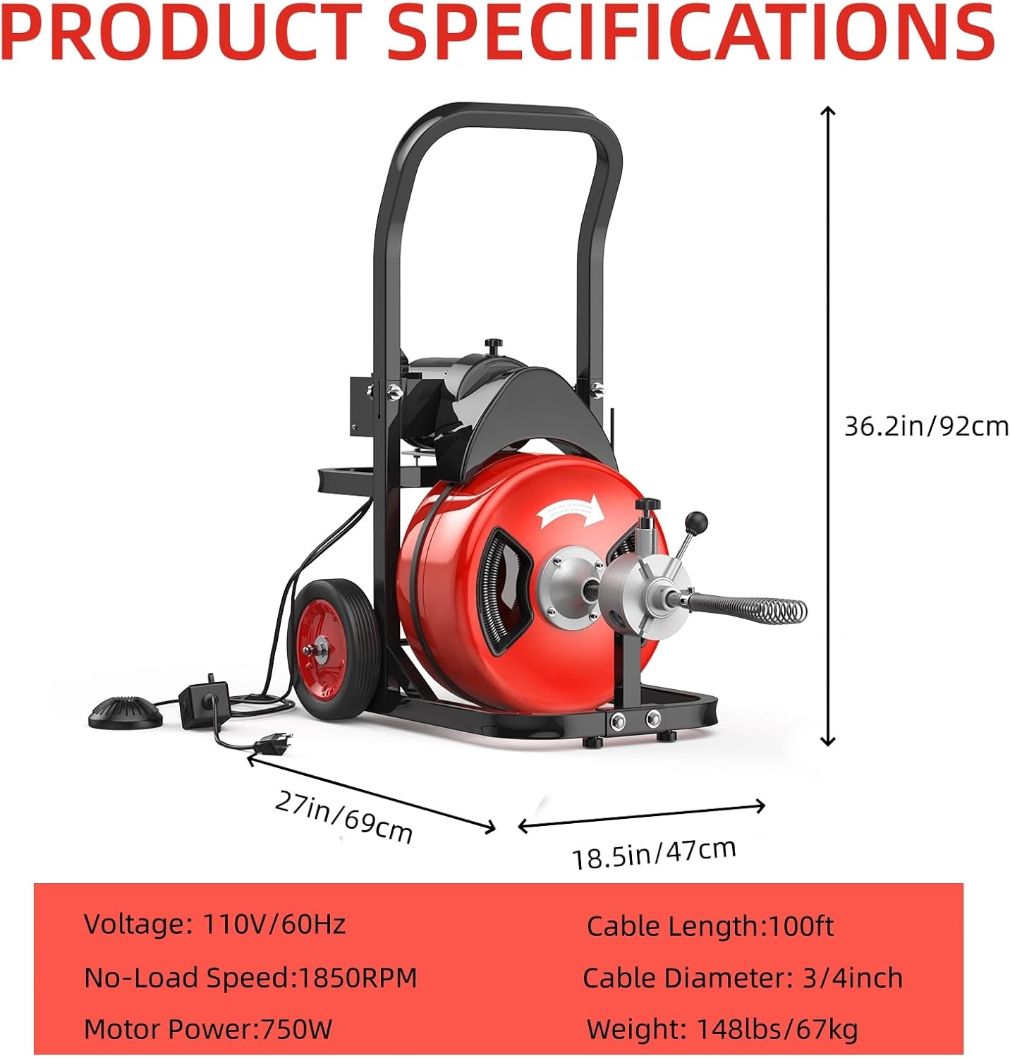 100Ft x 3/4 Inch Electric Drain Cleaning Machine, 750W Auto-Feed Sewer Snake with 6 Cutter Heads. Air-Activated Foot Switch,For 4"-8" Pipes, Professional Plumbing Tool