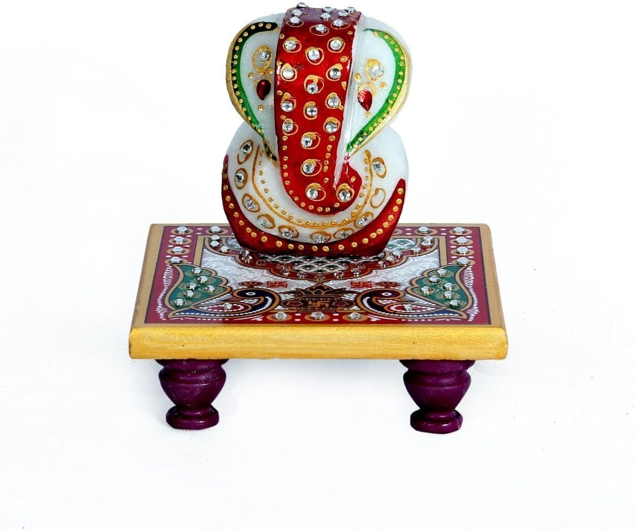 Prisha India Craft ® Handmade Marble Gnesha Decorated with Stone Beads Sitting on Marble chowki 4" x 4" x 4"- Lord Ganesh Statue - God Ganpati Made of Marbles- Gift Items