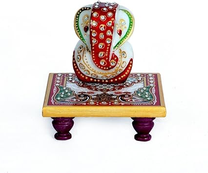 Prisha India Craft Handmade Marble Gnesha Decorated with Stone Beads Sitting on Marble chowki 4" x 4" x 4"- Lord Ganesh Statue - God Ganpati Made of Marbles- Gift Items