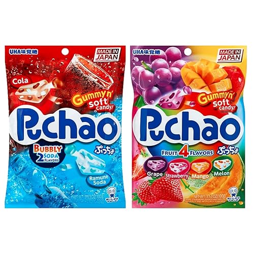 Puchao Japanese Gumming Soft Candy Variety Pack, 4 Fruits, Soda and Ramune Flavors, Unique Chewy candy with Juicy Gummy Bits Pack of 2, Product of