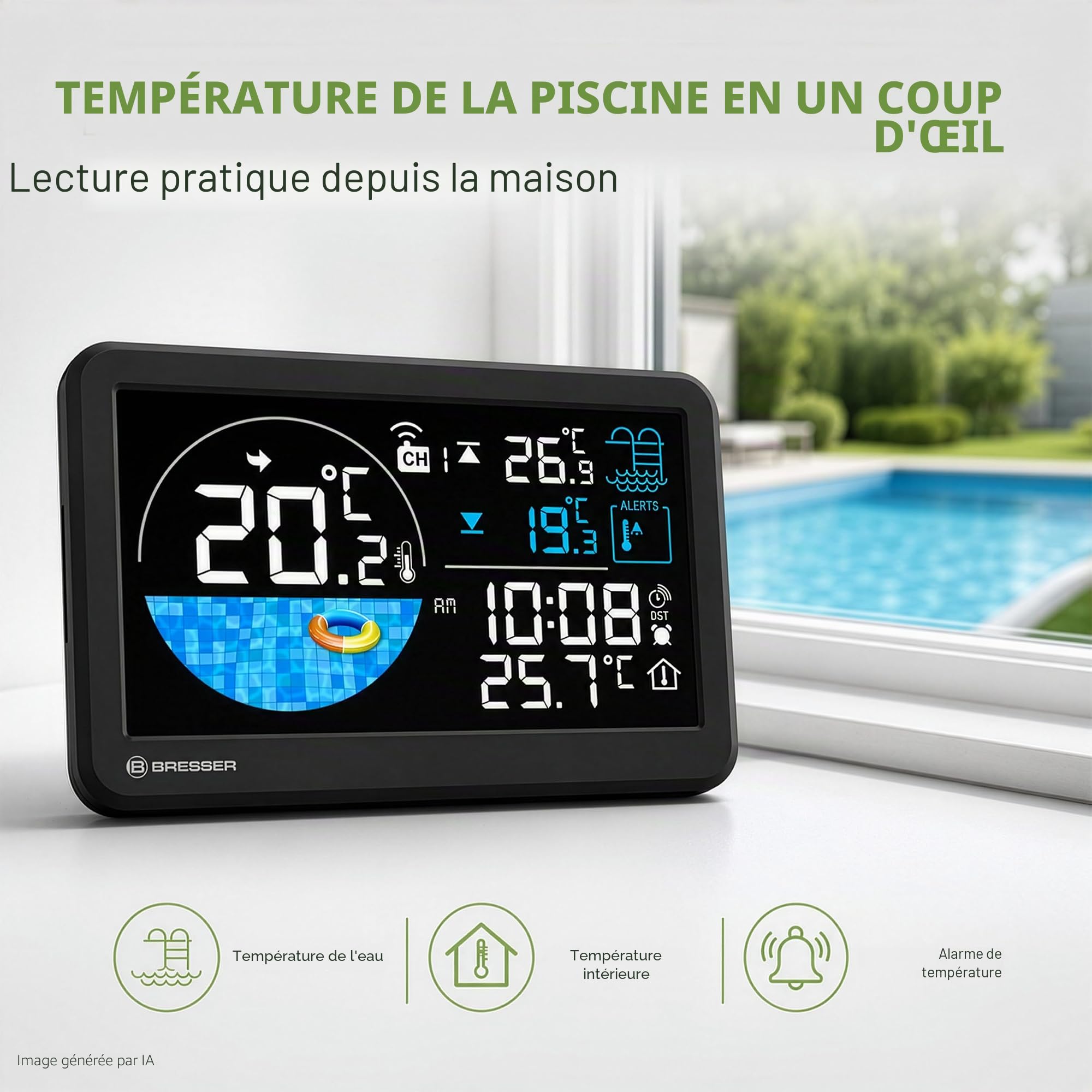 Bresser Thermomètre de Piscine Sans Fil avec Capteur Solaire et Alarme
