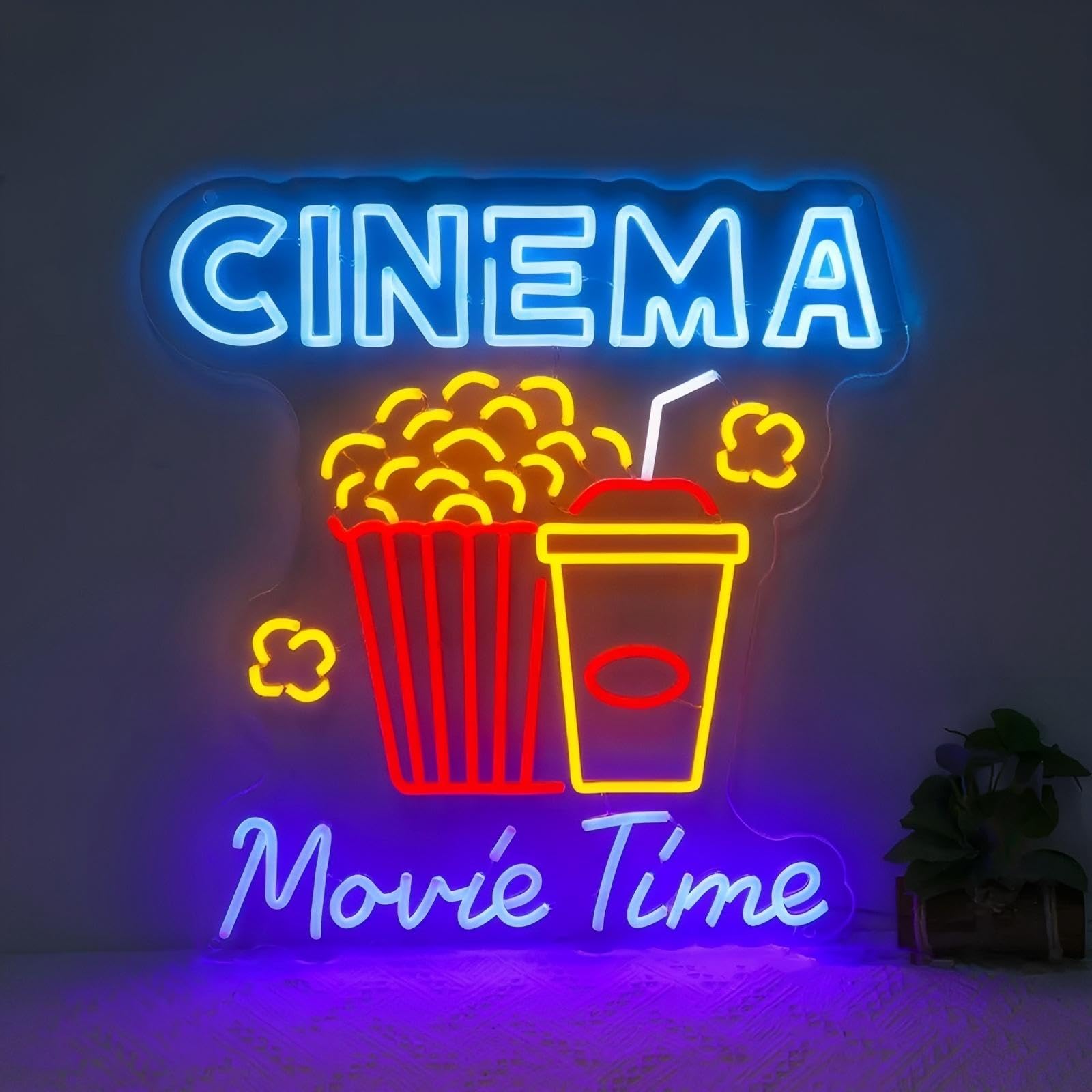 Cinema Movie Time Neon Sign, Movie Theater Led Light, popcorn neon decor, Home Theater Movie And Popcorn Led Sign, Home Room Decor Lighting, Snack Bar