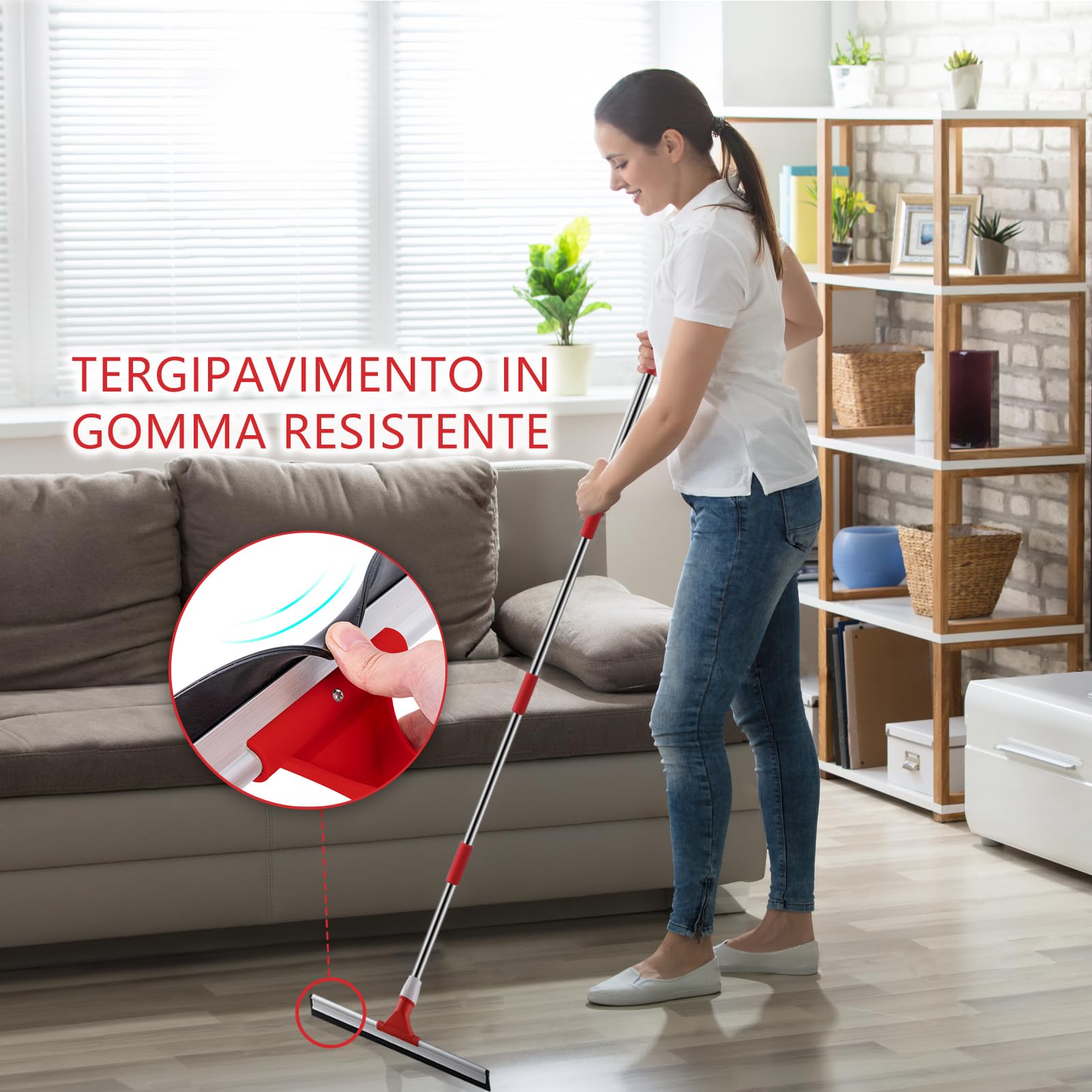 Mitclear 43cm Tergipavimento Pavimenti con Manico di Prolunga(147cm), Tergipavimenti in gomma per impieghi gravosi, Tergipavimento Spingiacqua con Spazzola per Garage, Doccia, Bagno, Patio, Giardino