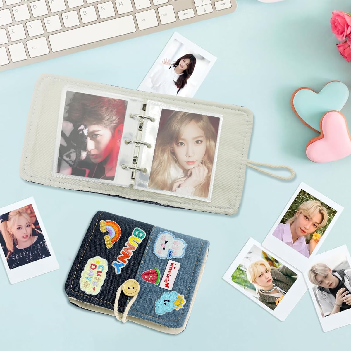 HASTHIP® DIY Pocket Photo Album Holds Up 40-Photoes Fashion Patchwork Photo Album with Cartoon Embroidery Decals Cartoon Instant Square Films Pocket Album Kpop Star Photocards Binder Album 3