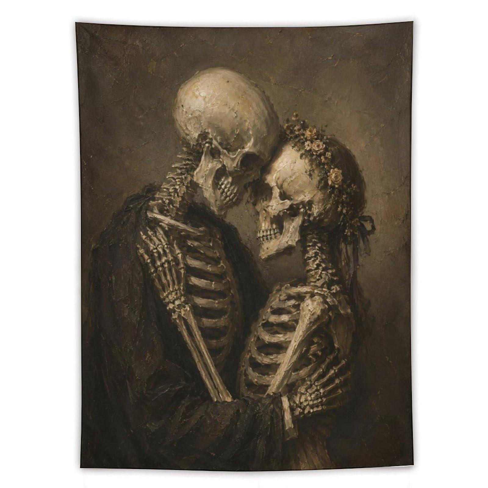 H3B8U2Y5 Sepia Skeleton Couple Wall Tapestry, Dark Fantasy Illustration