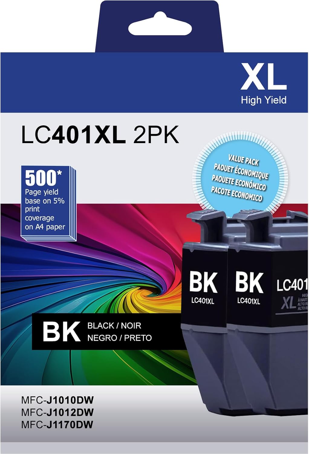 LC401XL Black Ink Cartridges High Yield, Replacement for Brother LC401XL LC401 Ink, Compatible with MFC-J1010DW / J1012DW / J1170DW Printers (2 Black, 2 Pack) 2-Black