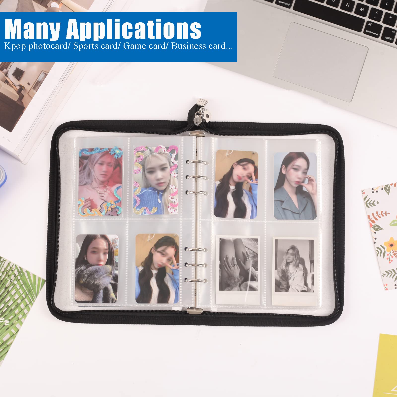 Cuaderno de 4 bolsillos para tarjetas fotográficas Kpop con 30 páginas interiores, 6 anillas A5, carpeta para tarjetas fotográficas para coleccionar hasta 240 tarjetas (negro)