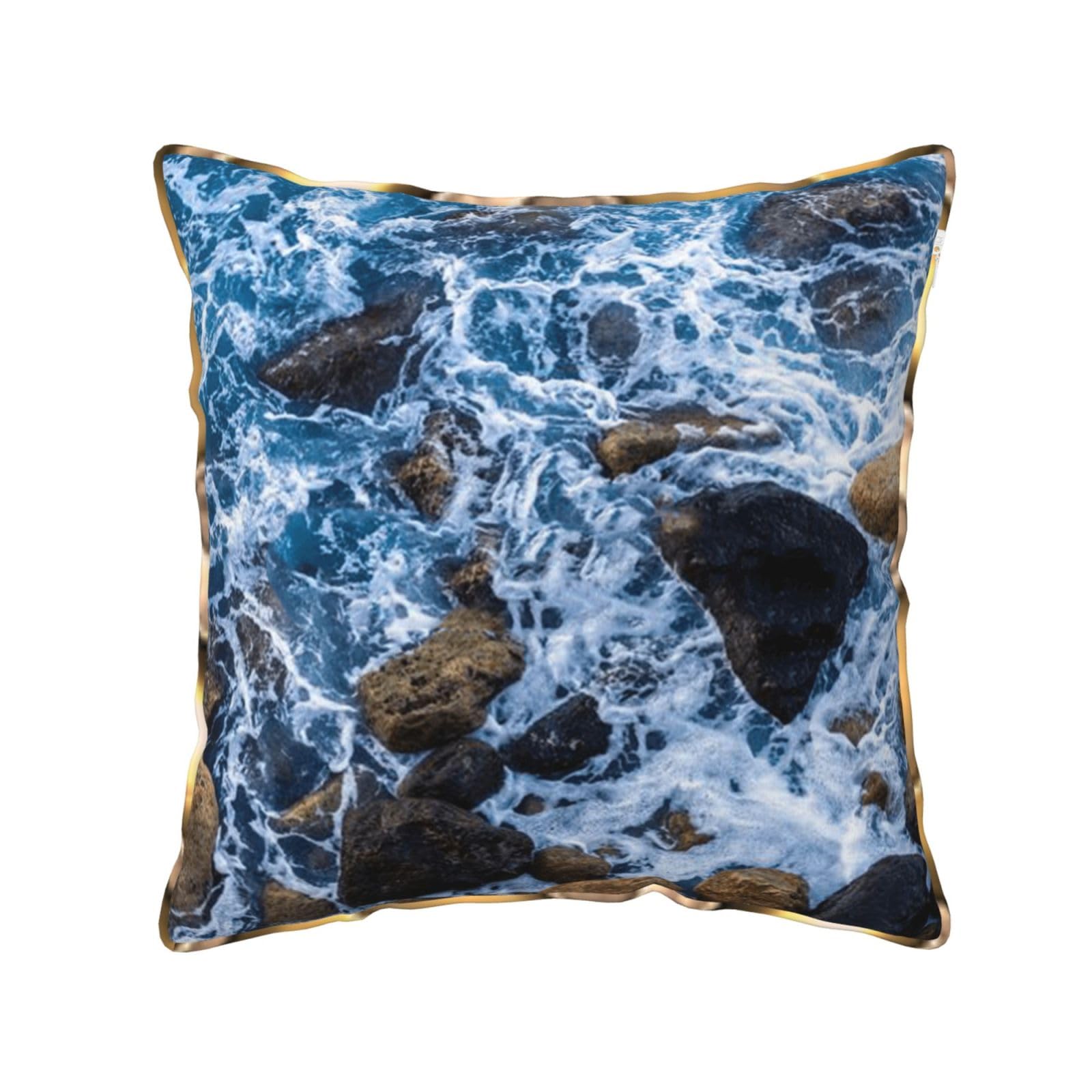 AUBKFELD Sea Stones Printed Velvet Cushion Cover 45x45 CM with Gold Edging Strip, Square Pillowcase Soft Throw Pillow Covers Case Decorative for Living Room Sofa Couch Bed Bench