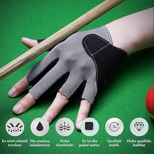 Miniatura 5 de Guantes de billar, guantes deportivos de Snooker Cue con diseño antideslizante, de secado rápido, transpirables, guantes de billar de 3 dedos,