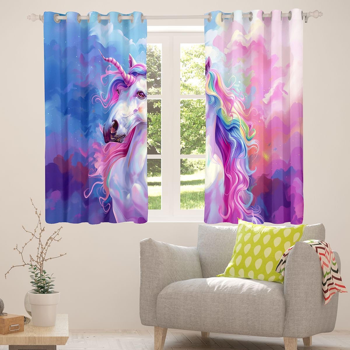 Manfei Lot de 2 rideaux de fenêtre à motif licorne mignonne, cheval, thème animal, décoration de chambre d'enfant, garçons et filles, rideaux à œillets pour chambre à coucher, 167 x 228 cm