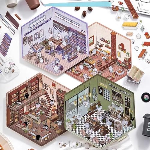 AiMQnLe DIY 3D House Stickers - 4 Sets 4 Theme - Bookstore, Restaurant, Supermarket, Coffee Shop, 3D Miniature Scene Stickers，Cute Cartoon Sticky Pack, Fun Gifts for Adult Kids Relief Stress (Set A)