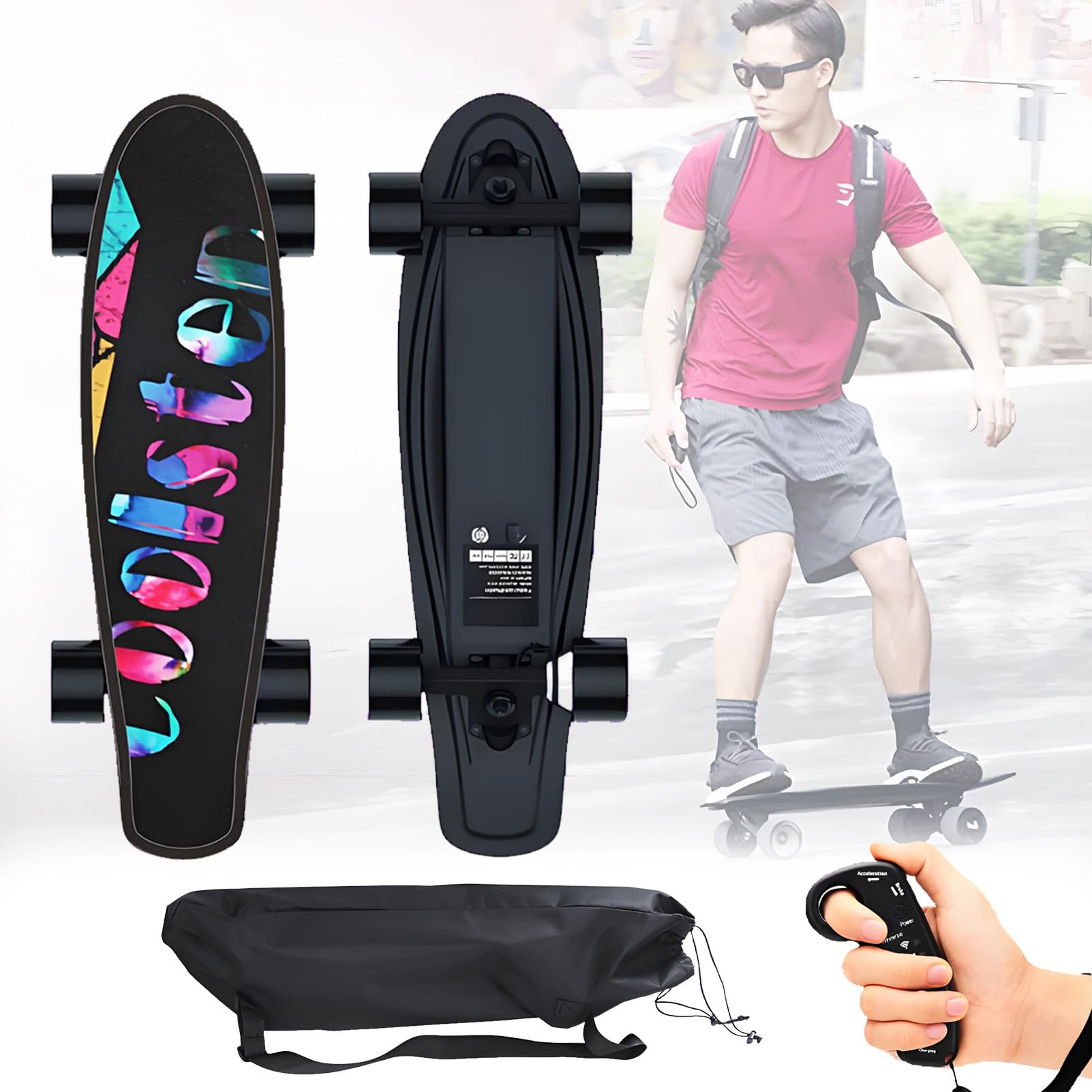 Skateboard électrique avec télécommande, Longboard électrique, Vitesse maximale de 25 mph, réglage à 4 Vitesses, pour débutants et confirmés. A-2