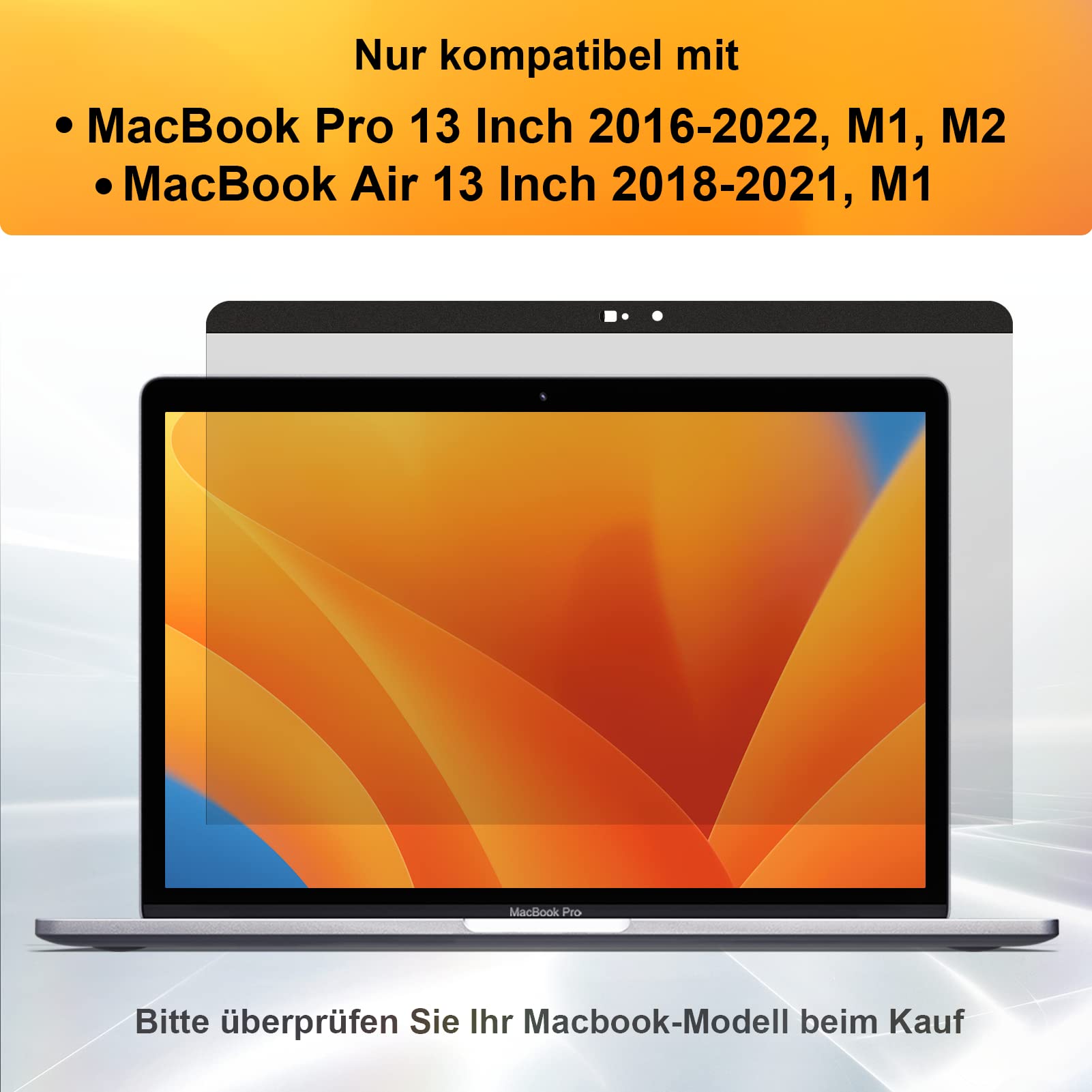 MagicSuction Privacyfilter compatibel met Apple MacBook Air 13 (2018-2021, M1) en MacBook Pro 13 inch (2016-2022, M1, M2), 13,3 inch, anti-spy glare blauwlicht Mac, laptop, privacyfolie, privacy