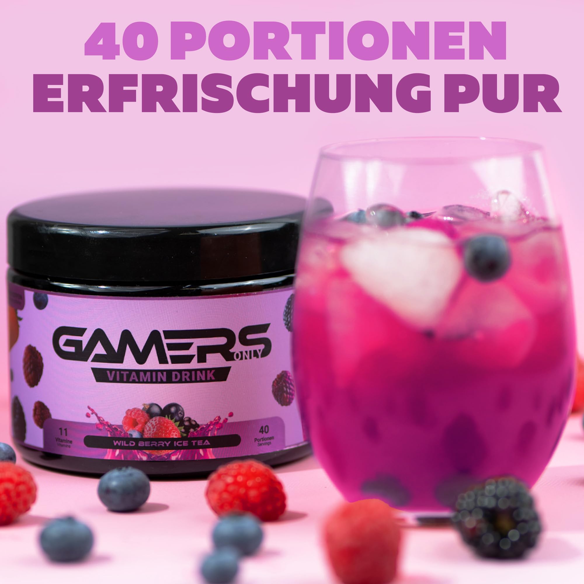 Gamers Only Vitamin Pulver Wild Berry [Zero Zucker] 40 Portionen | Multivitamin Pulver | 12 Vitamine & Aminosäuren | Vitamin B6, B12 & C, D,E pro Portion