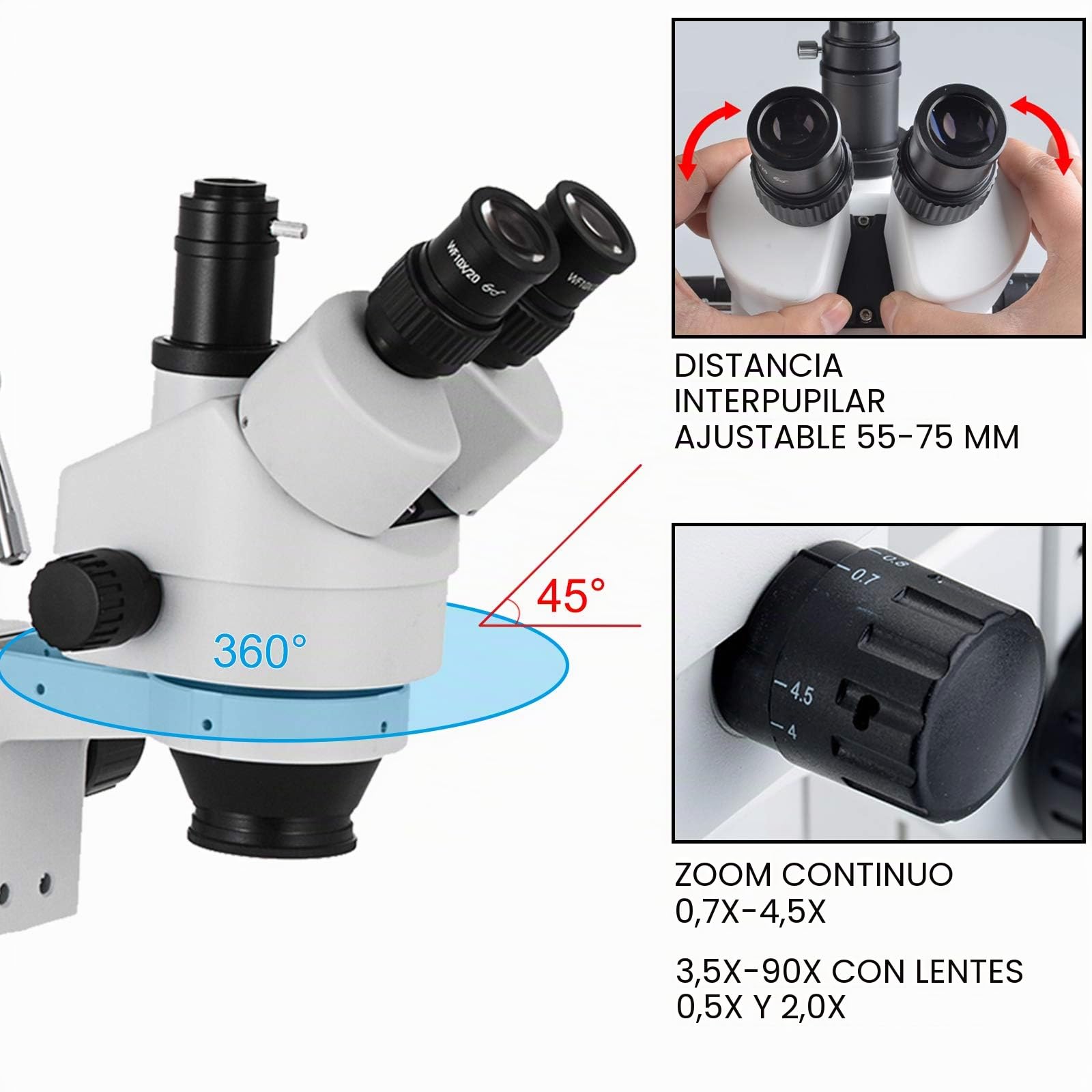 VEVOR Microscopio Trilocular, 3,5X-90X Microscopio Estéreo 55-75 mm Microscopio Estéreo Profesional Microscopio con Brazo Ajustable con Rango de Enfoque de 26:1 para Observación de Insectos, etc.