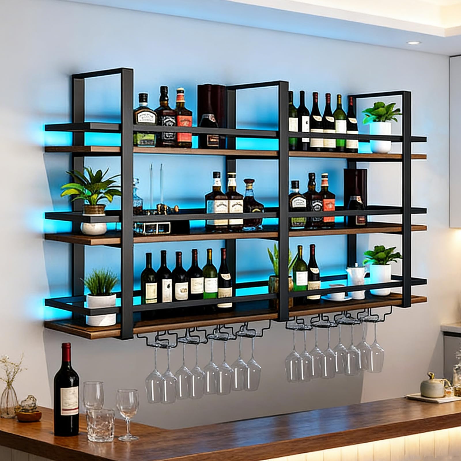 Wall Mounted Wine Rack with LED Light, Large Wine Bottles Display Shelf with Glasses Holder, 3 Tier Metal Bar Shelves , Industrial Liquor Racks for Home Bar, Dining Room & Kitchen 160×22×120cm