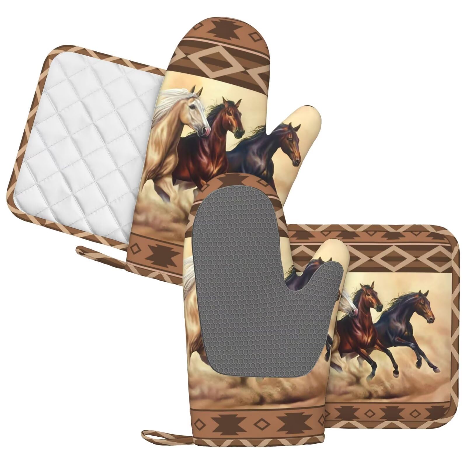 Western Horse - Juego de guantes de horno y soportes para ollas, de silicona, resistentes al calor, estilo bohemio, étnico, guantes de cocina, guantes de cocina de caballo marrón nativo