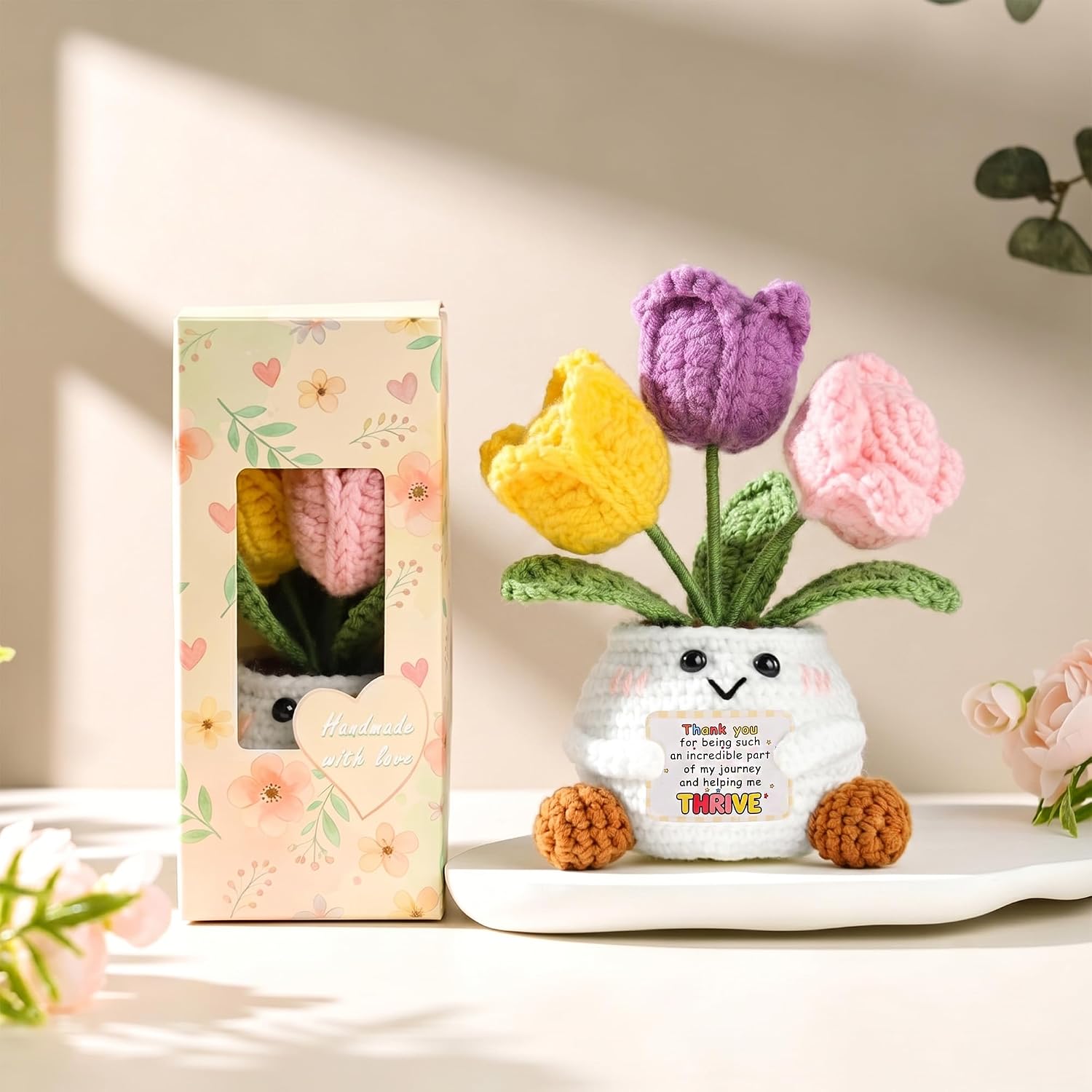 QINJIEJIE Positive Tulip Crochet Flower Thank You Gifts for Women Men