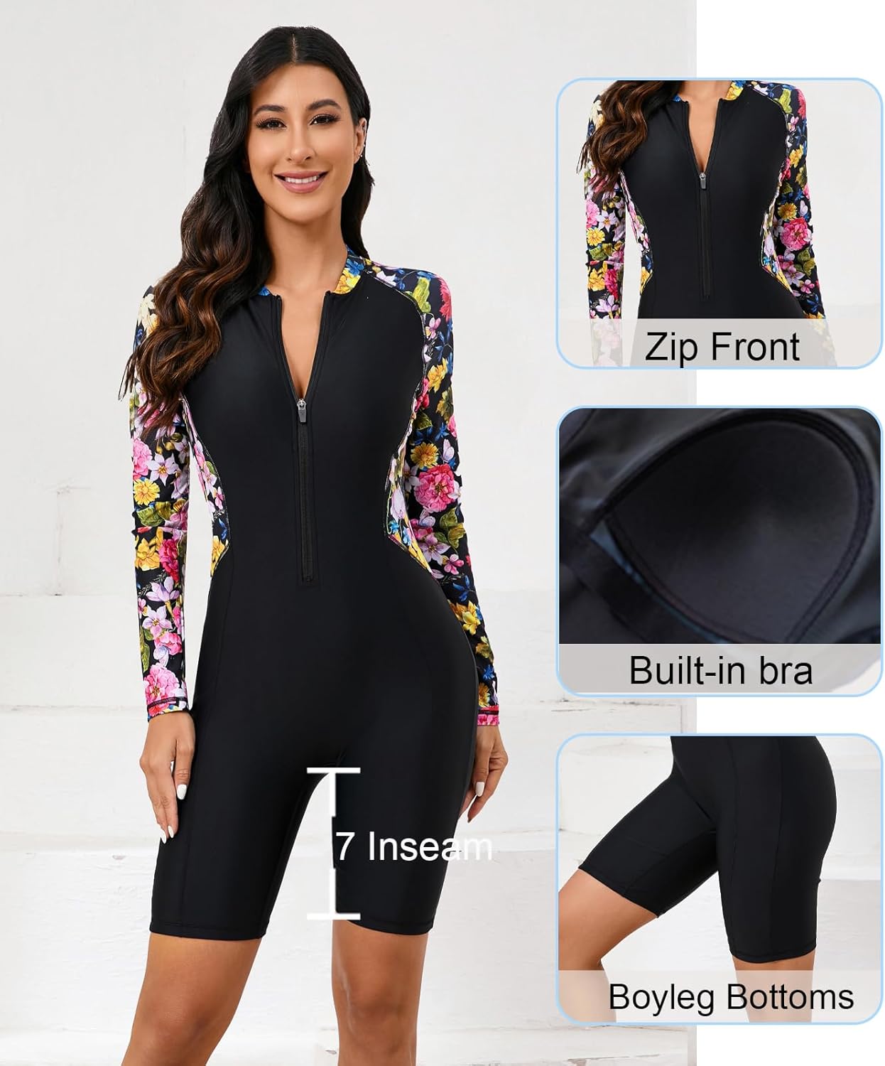 Halcurt Women's Boyleg One Piece Rash Guard with Built in Bra Zip Front UPF50+ Long Sleeve Full Body Surfing Swimsuit - Image 5