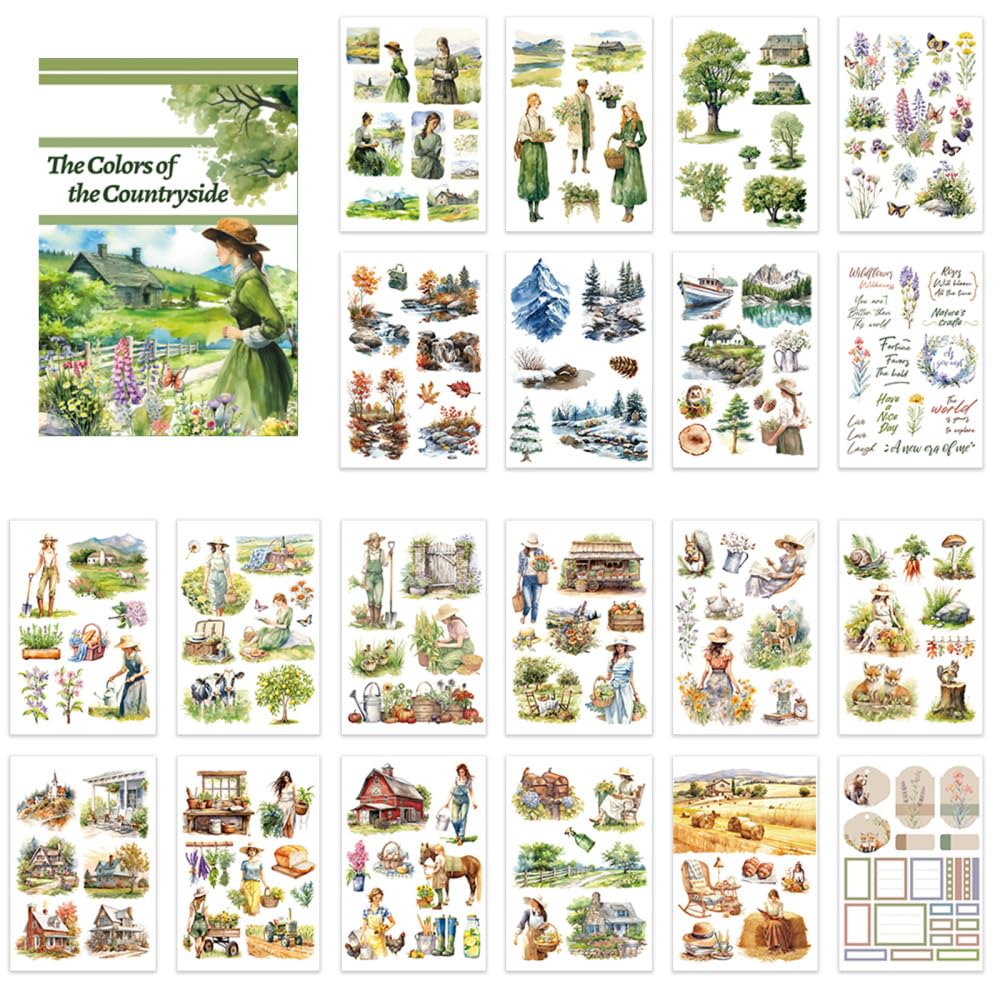 Mioyoow The Color Of Countryside Scrapbook Stickers, 20Pcs Journaling Sticker Book Pre-Cut Garden Kitty Cafe Countryside Stickers For Scrapbooking Diy Crafts Journal Ephemera