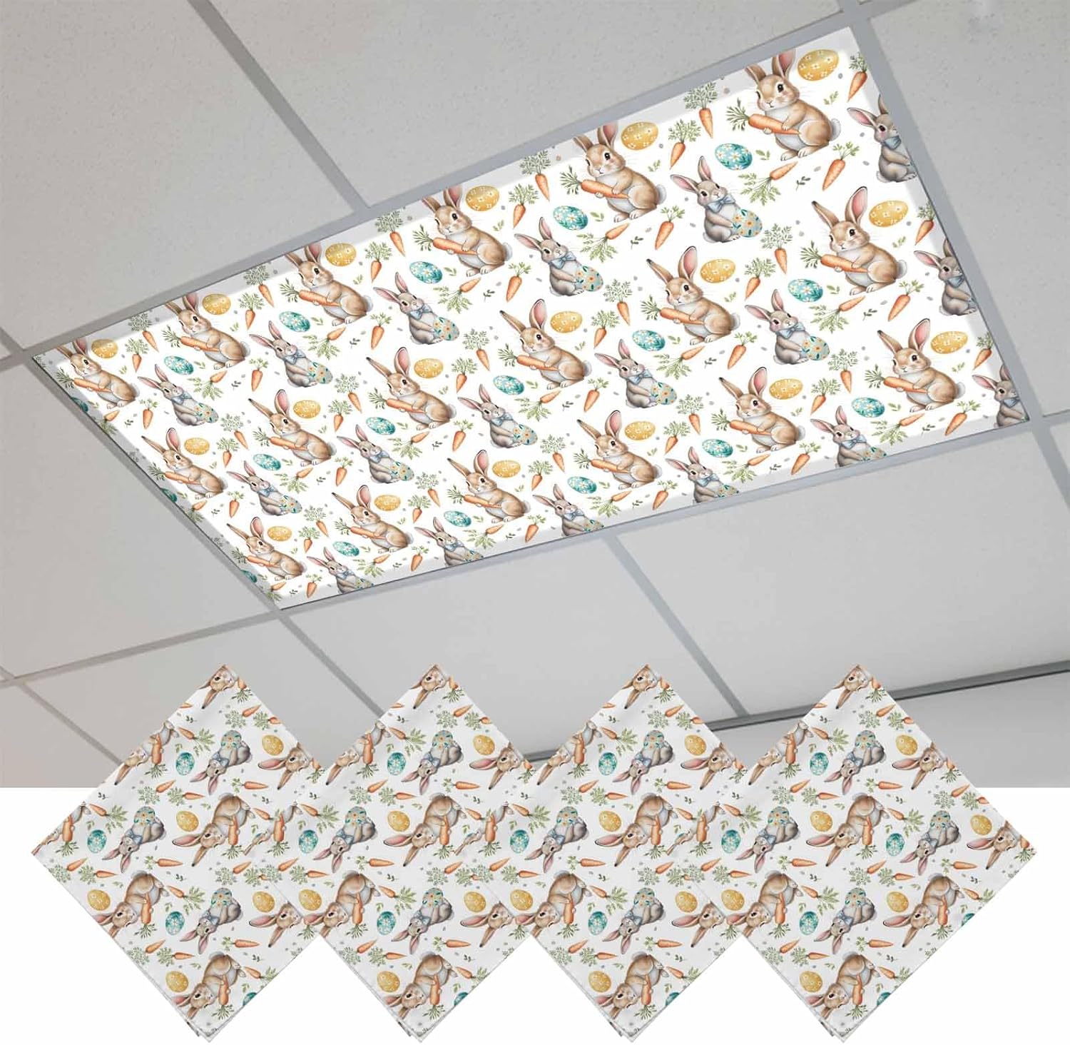2x4 ft Fluorescent Light Cover for Ceiling Easter Egg Bunny Cartoon Carrot Magnetic Light Filters, Farmhouse Rabbit Leaves Ceiling Lampshades for Home School Office 4Pcs