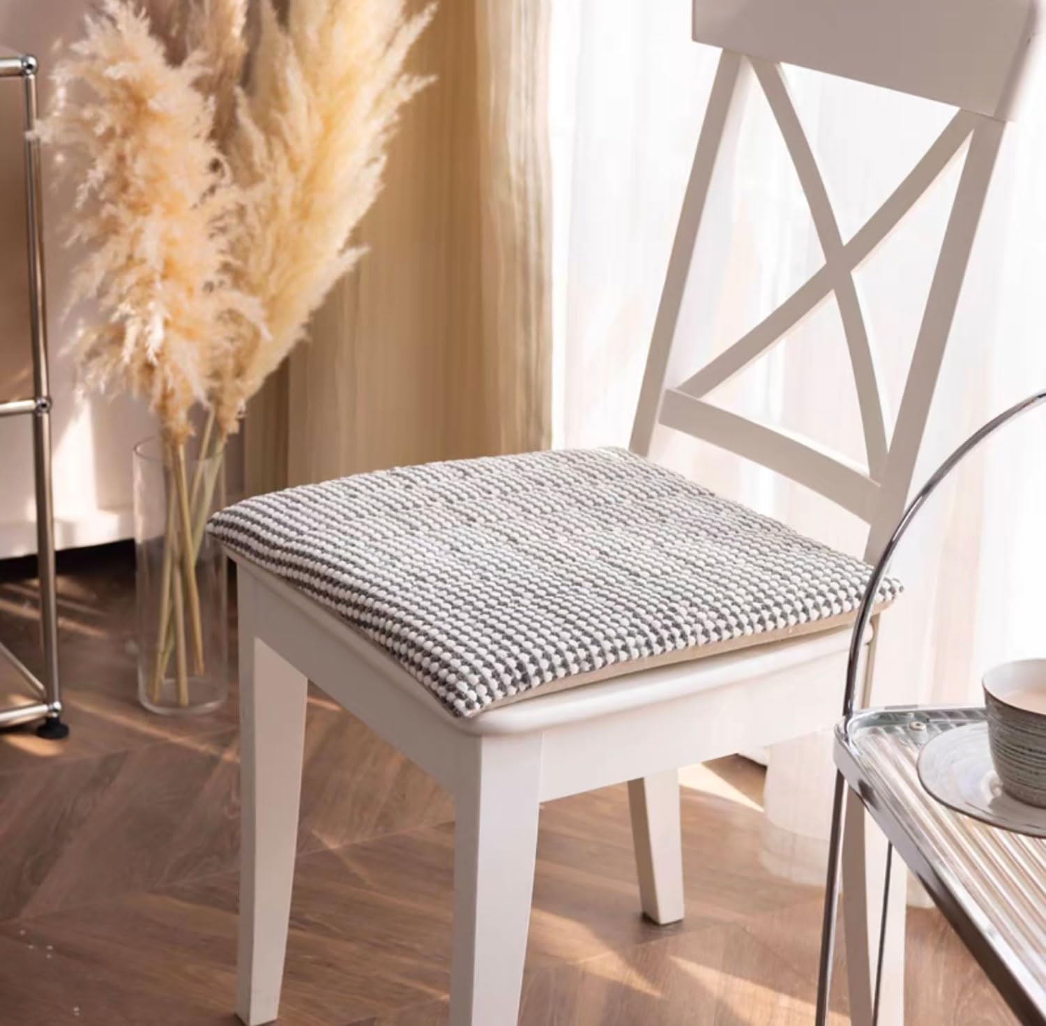 MGEMJMJ Chair Cushions With Ties, Chair Pad For Kitchen Chair With Removable Cover, Non Slip Seat Cushions For Dining Chair, Durable Chair Pads Washable(Size:40x40cm(16x16inch),Color:White Grey)