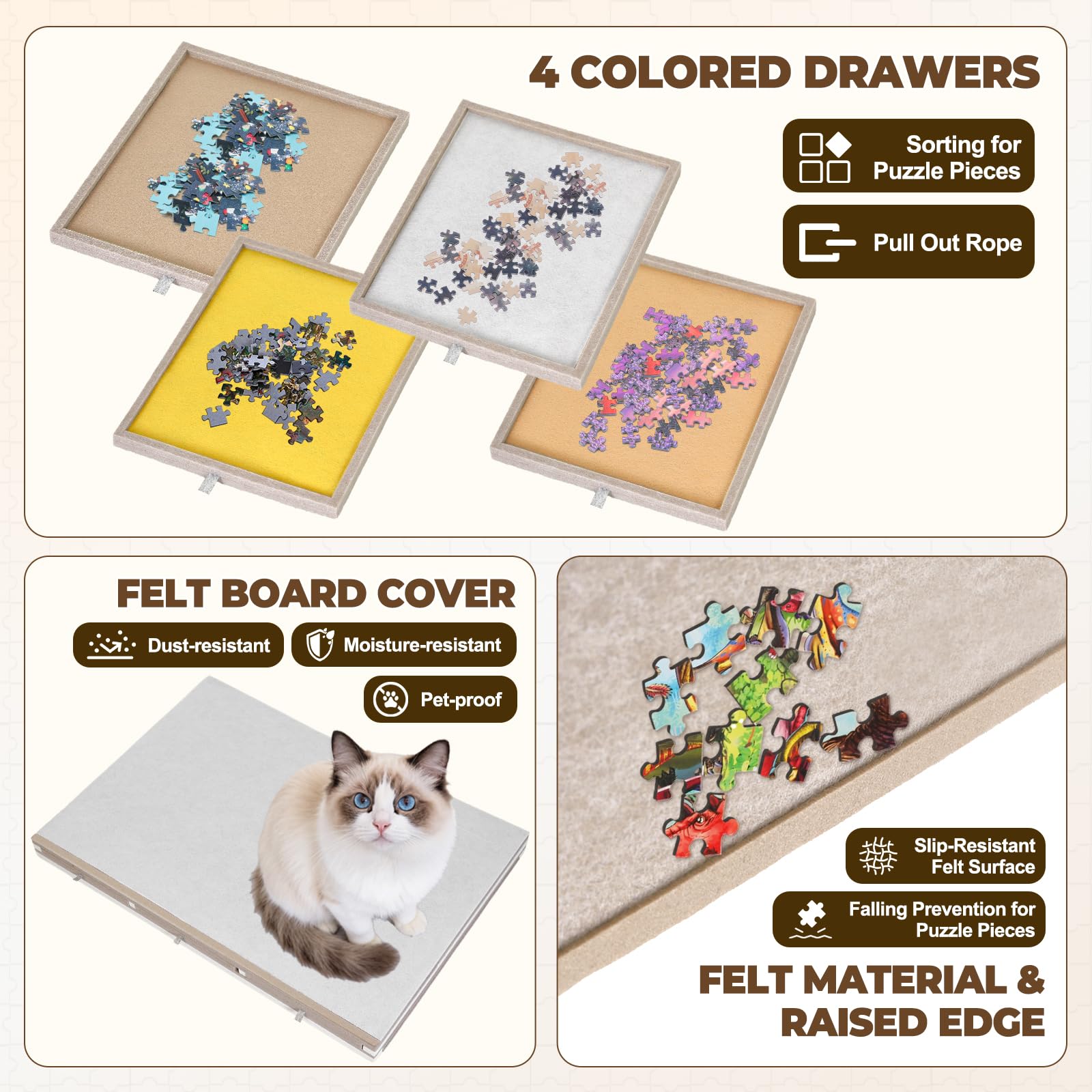Table de Puzzle inclinable 3 en 1 avec Pieds Pliables, Angle réglable, Surface en Feutre Compatible avec Les Puzzles de 1500 pièces, 4 tiroirs de Couleur, légère et Portable