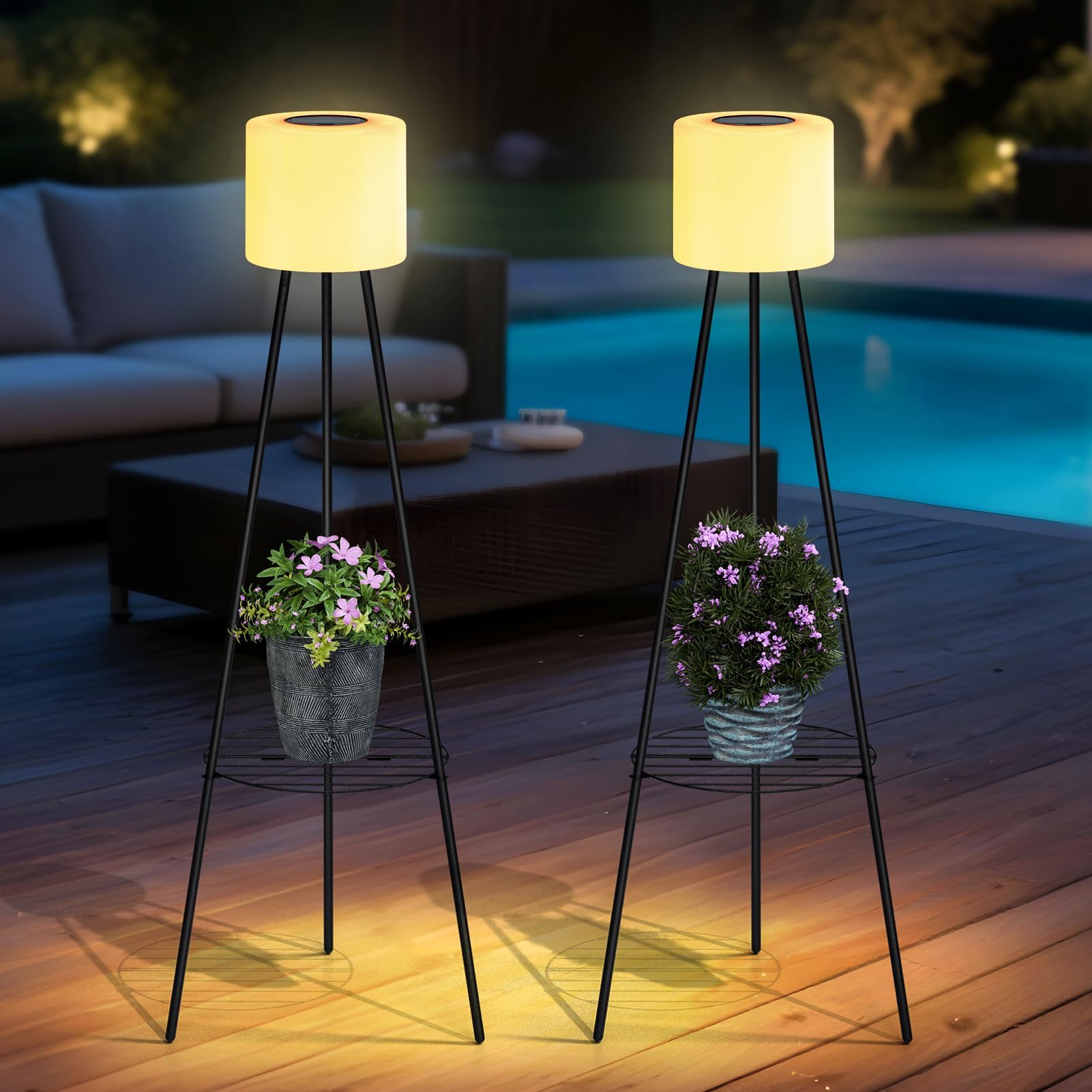 FUYO 2 Pack Solar Floor lamp Outdoor, 41.3'' Solar Powered Lights with 2 Plant Stand, Water-Resistant IP54 Outside Floor Lamps with 3 Lighting Modes