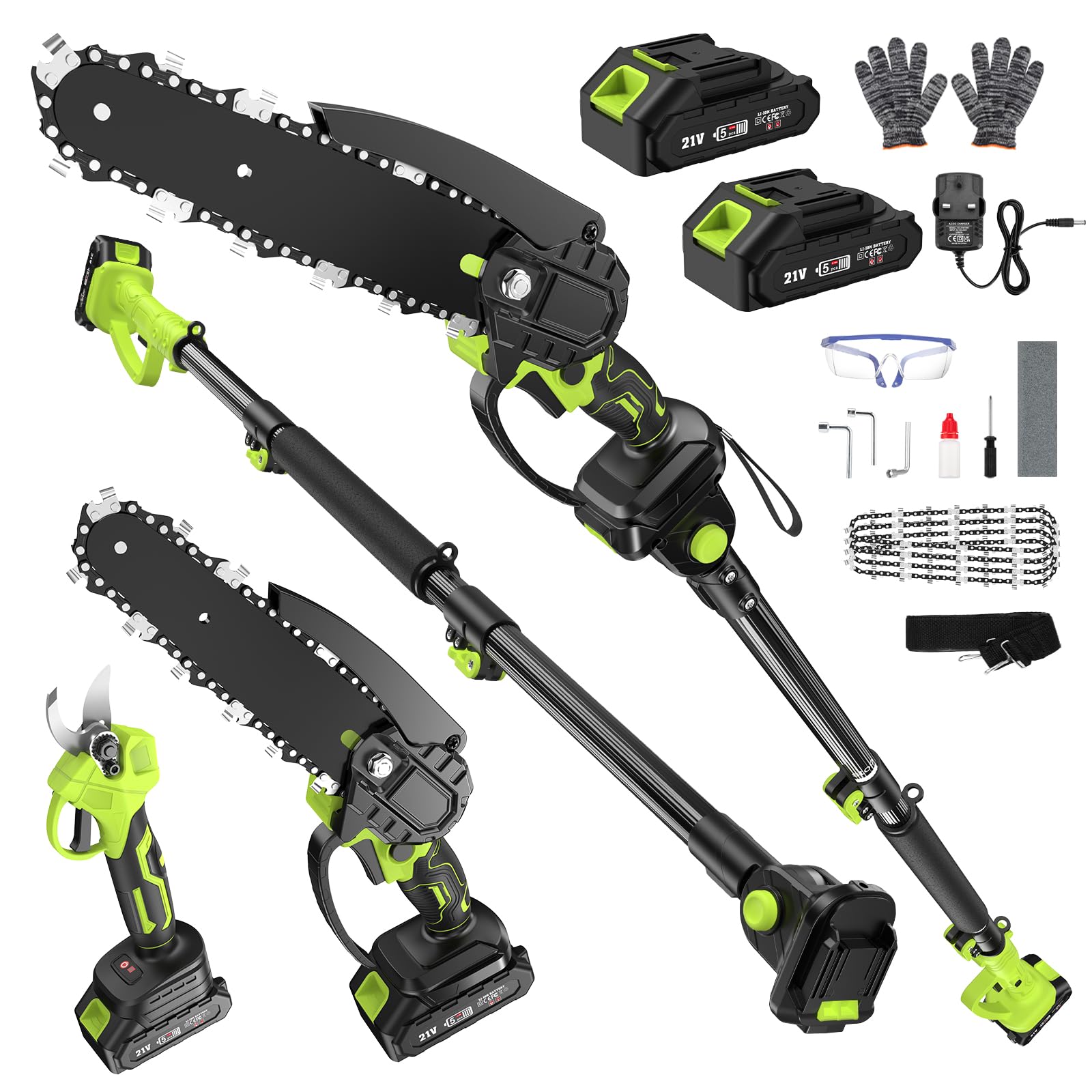 Cordless Pole Pruning Shears & Chain Saw Set, 6.4Ft Extension Pole 2*4.0 mAh Battery Rechargeable 550W Pure Copper Motor Handheld Chain Saw Trimmer for High & Low Tree Branch Cutting Trimming Prunin