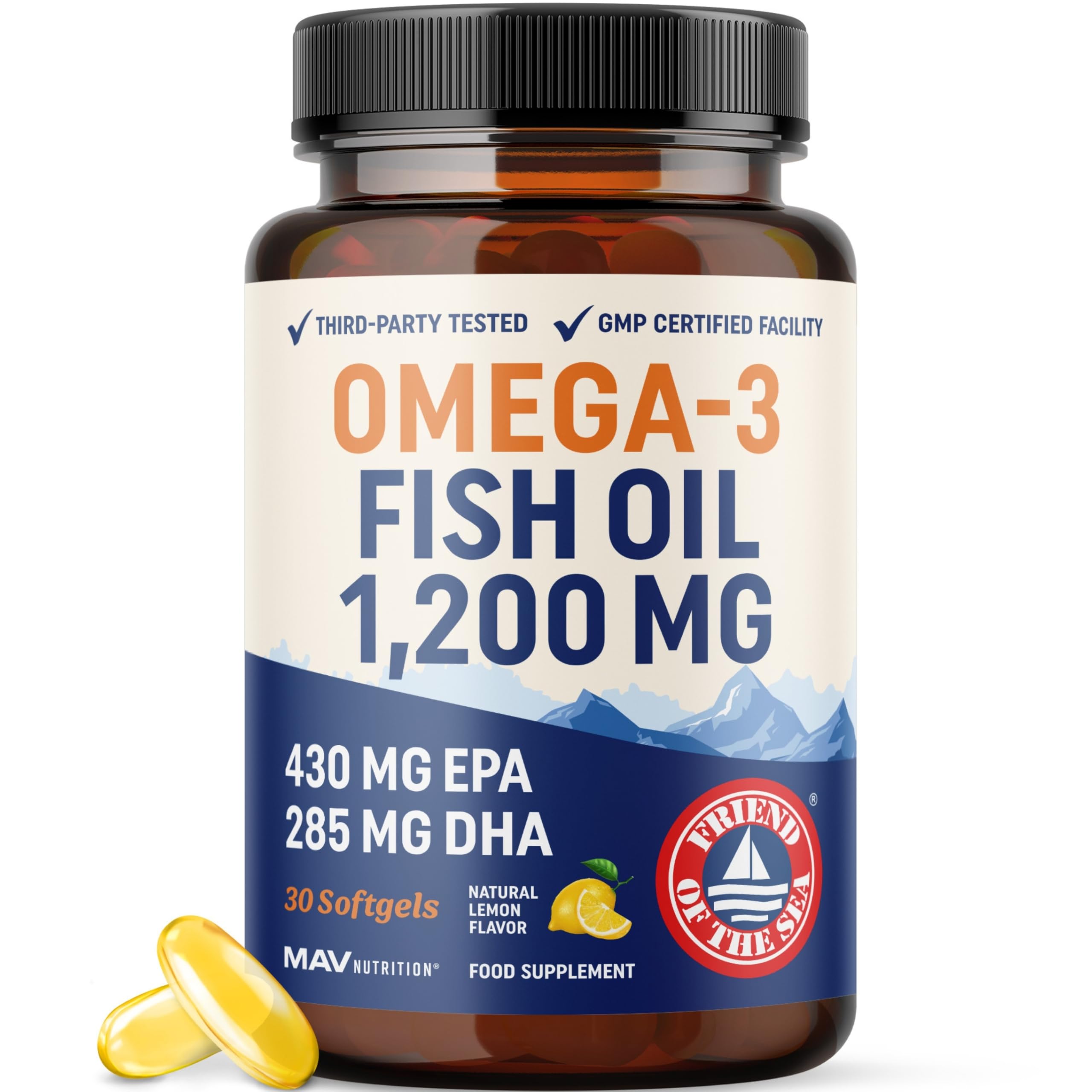 Triple Strength Omega 3 Fish Oil 1200 mg | EPA & DHA | Wild Caught, Sustainably Sourced Omega-3 Fatty Acids | Premium Burpless Fish Oil Supplements | Clean Label Certified, Third-Party Tested | 30 Ct