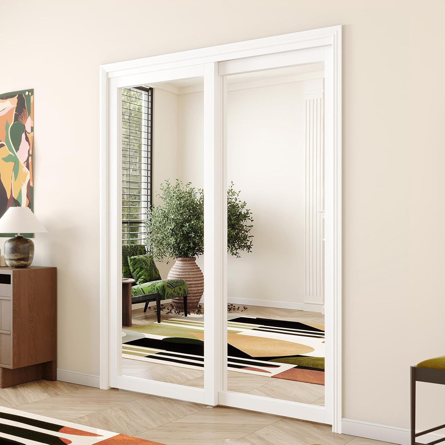 Sliding Closet Door, 60" x 80" (Double 30"), One Side Mirror, Complete Set with Hardware, Finished MDF, White - Ideal for Bedrooms, Closets